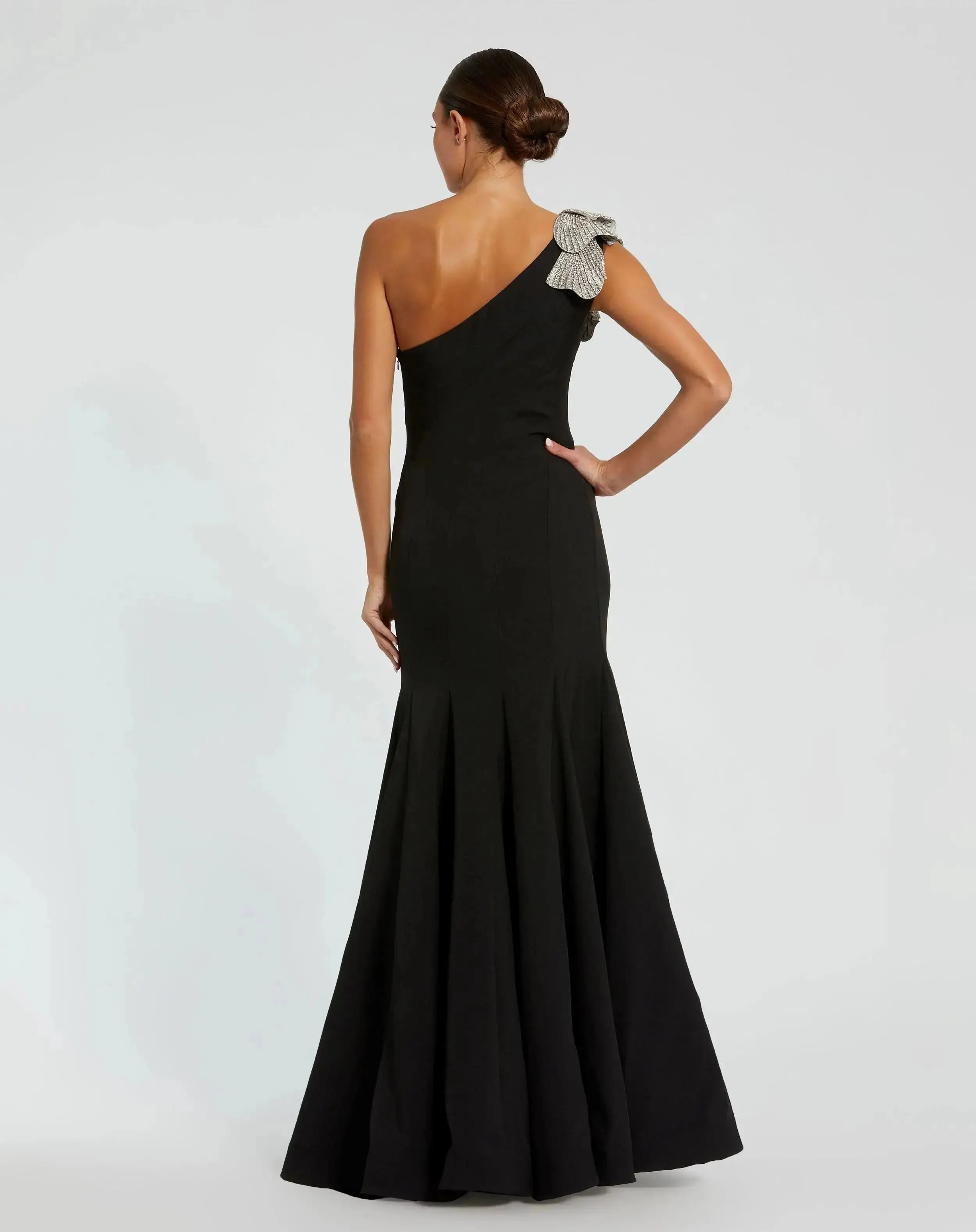 Black Petite Crepe One Shoulder Mermaid Gown With Flower Mac Duggal