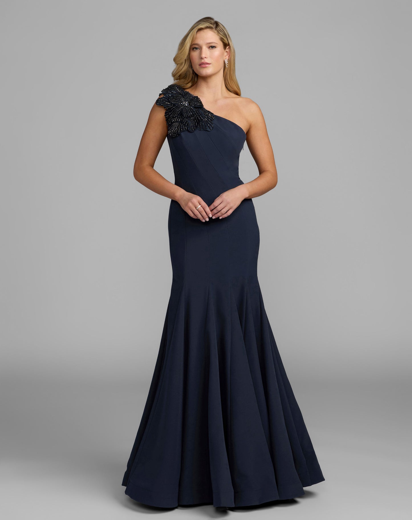 Petite Navy Crepe One Shoulder Gown With Crystal Flower - Mac Duggal