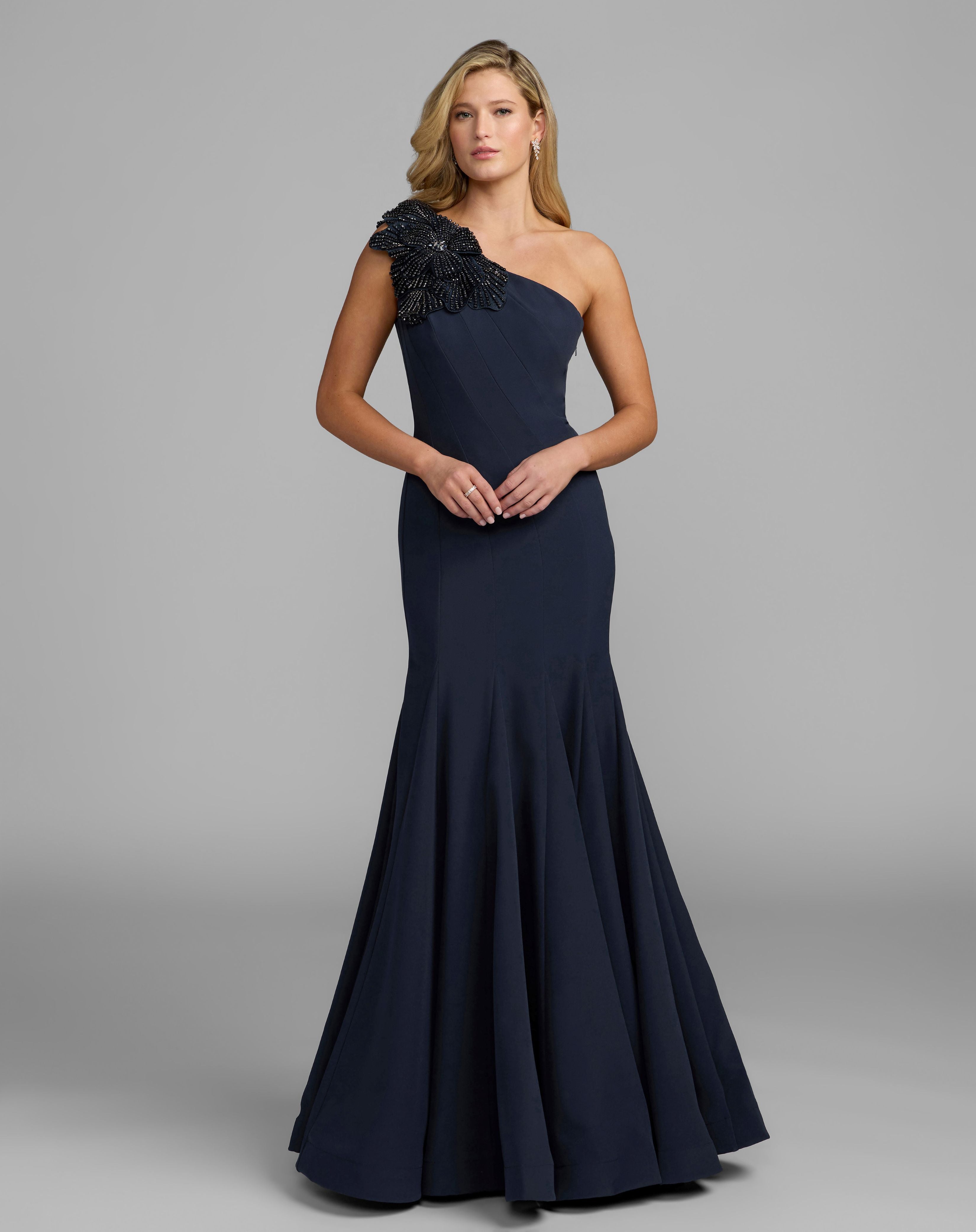 Petite Navy Crepe One Shoulder Gown With Crystal Flower - Mac Duggal