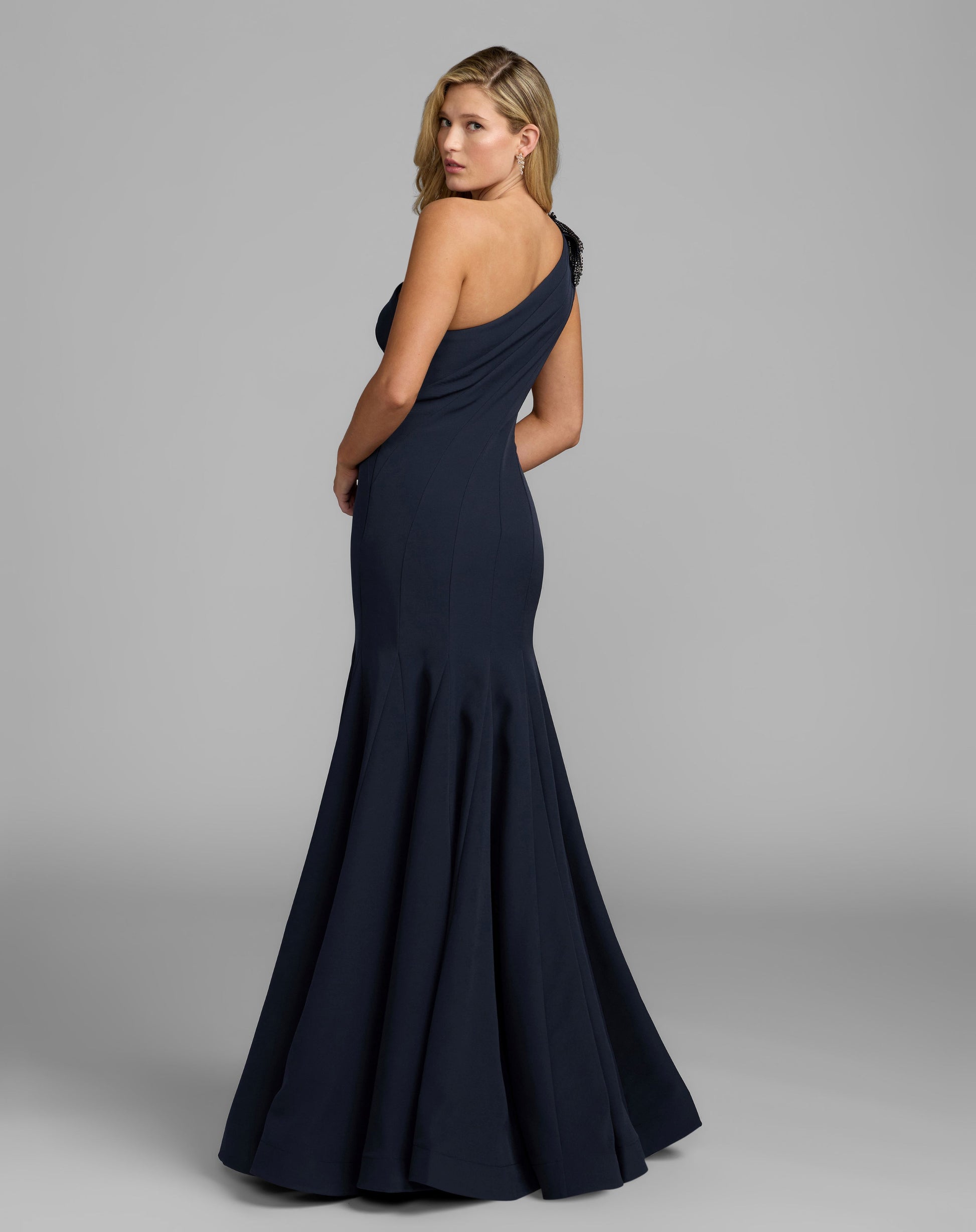 Petite Navy Crepe One Shoulder Gown With Crystal Flower - Mac Duggal