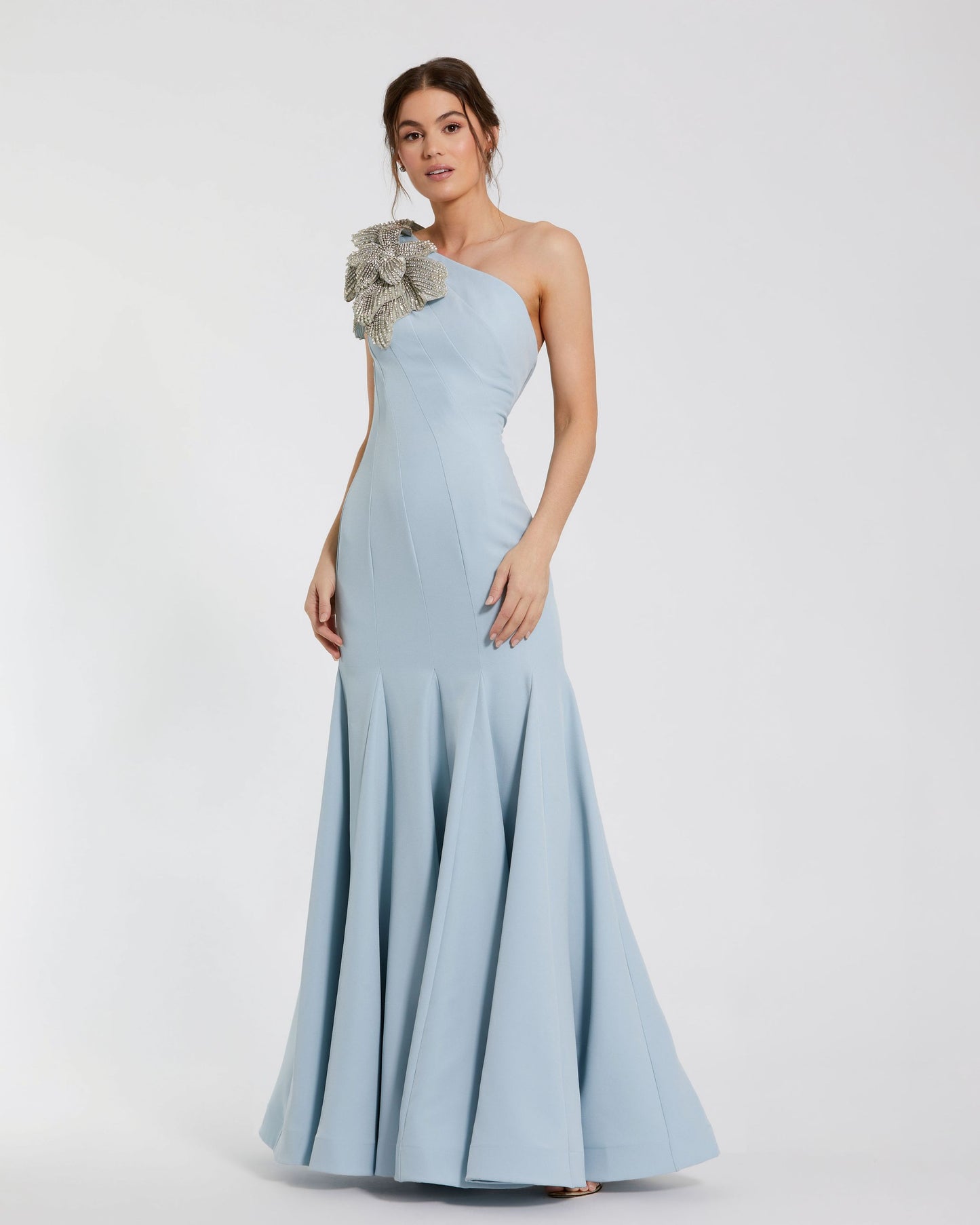 Blue Petite Crepe One Shoulder Mermaid Gown With Flower Mac Duggal