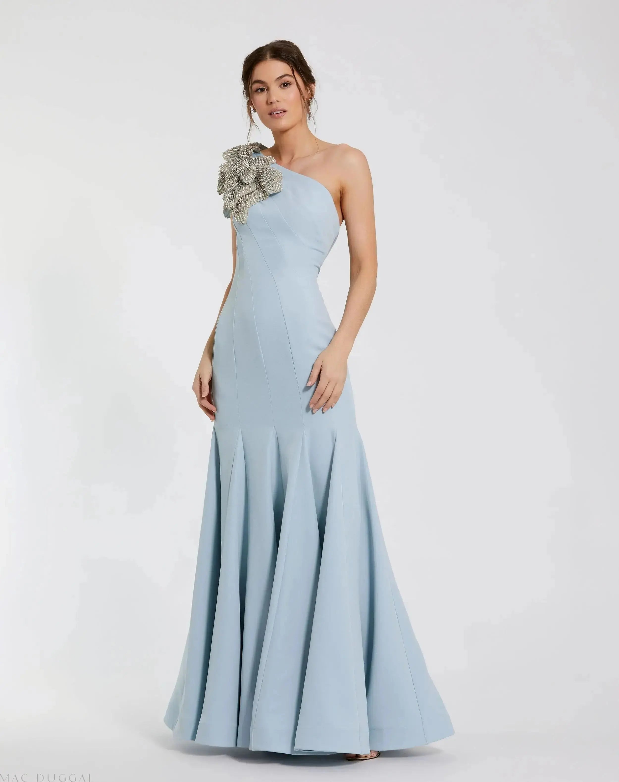 Blue Petite Crepe One Shoulder Mermaid Gown With Flower Mac Duggal