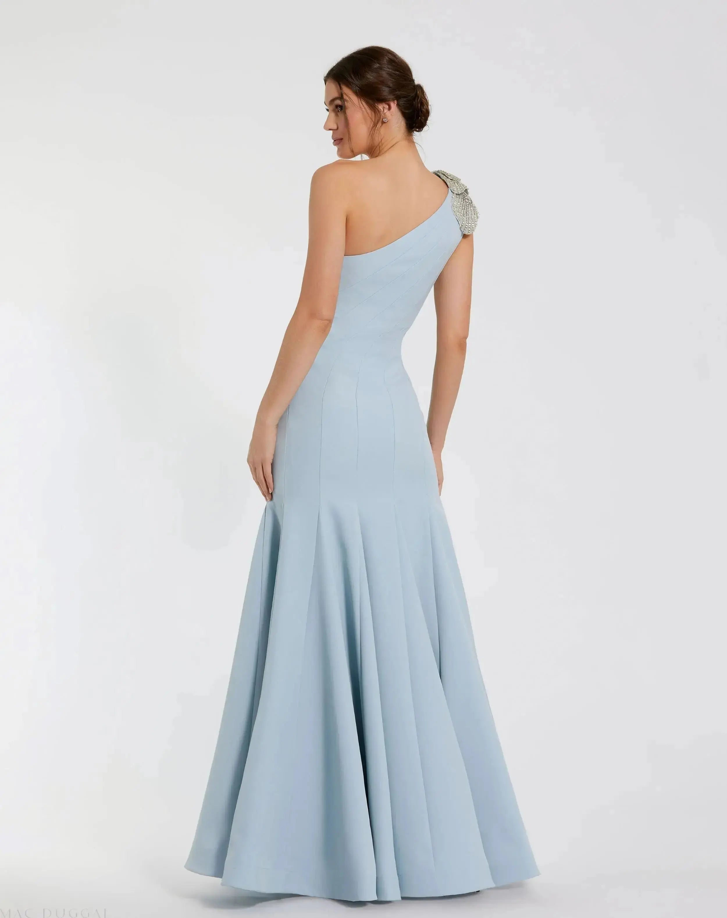 Blue Petite Crepe One Shoulder Mermaid Gown With Flower Mac Duggal