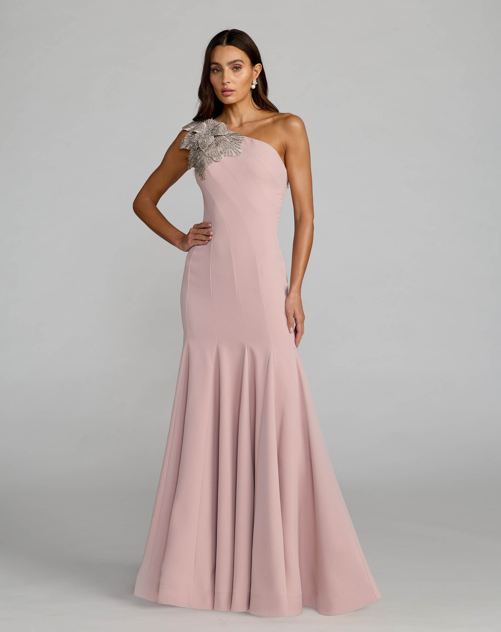 Petite Pink Crepe One Shoulder Gown With Crystal Flower Mac Duggal