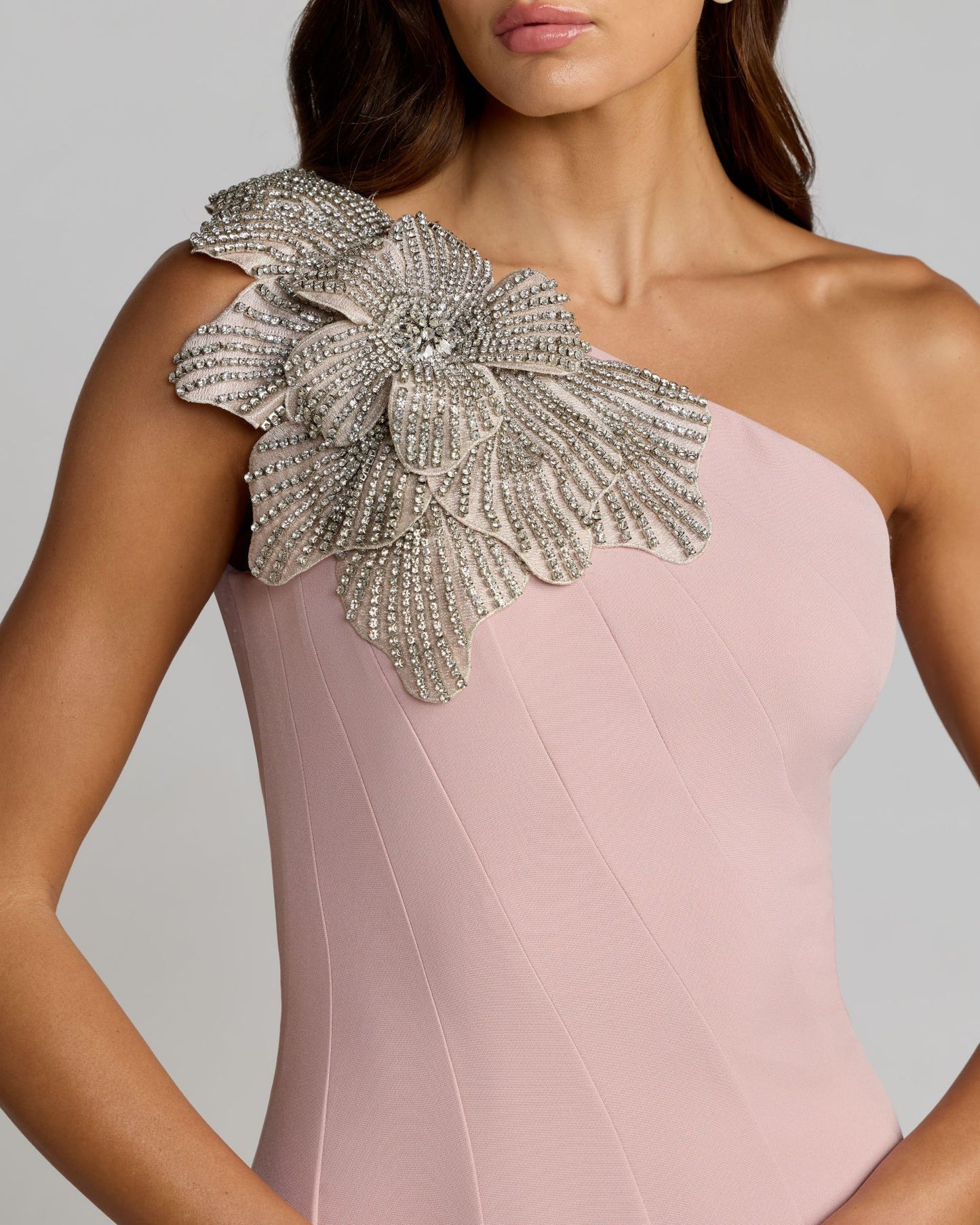 Petite Pink Crepe One Shoulder Gown With Crystal Flower Mac Duggal