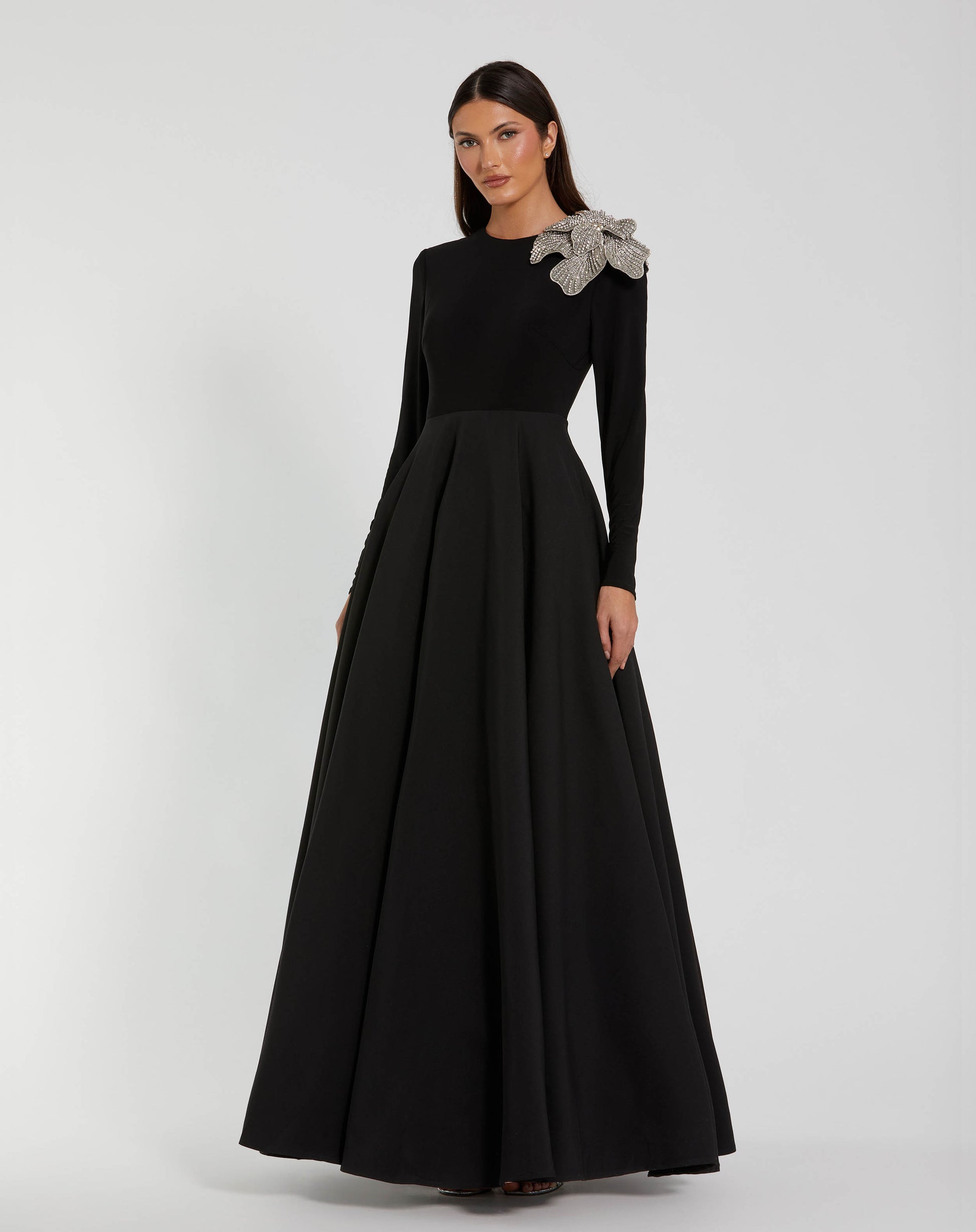 Petite Black Long Sleeve Ball Gown with Rhinestone Flower Mac Duggal