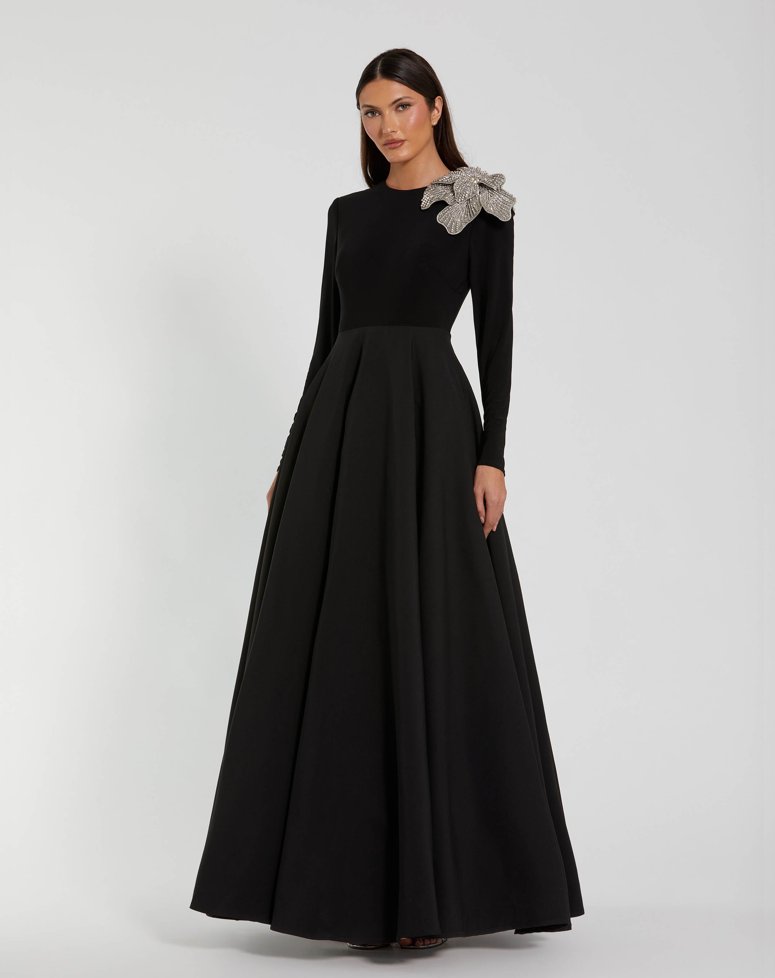 Petite Black Long Sleeve Ball Gown with Rhinestone Flower Mac Duggal