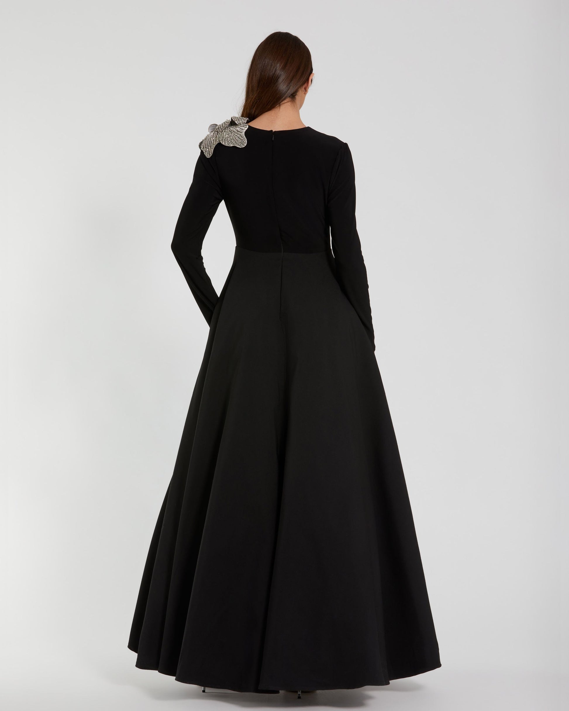 Petite Black Long Sleeve Ball Gown with Rhinestone Flower Mac Duggal