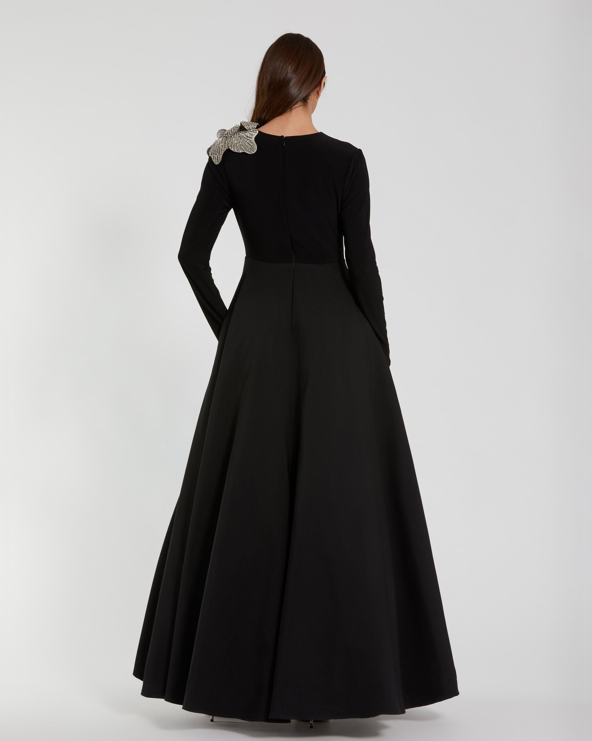 Petite Black Long Sleeve Ball Gown with Rhinestone Flower Mac Duggal