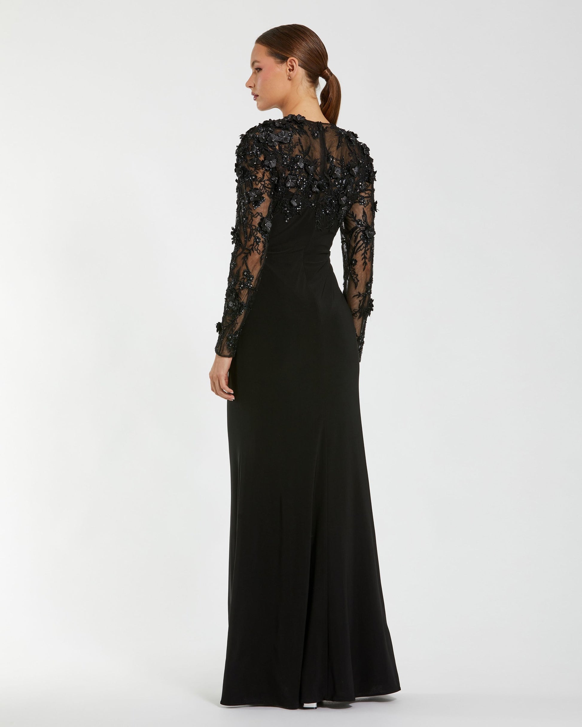 Petite Black Long Sleeve Floral Embellished Column Gown Mac Duggal