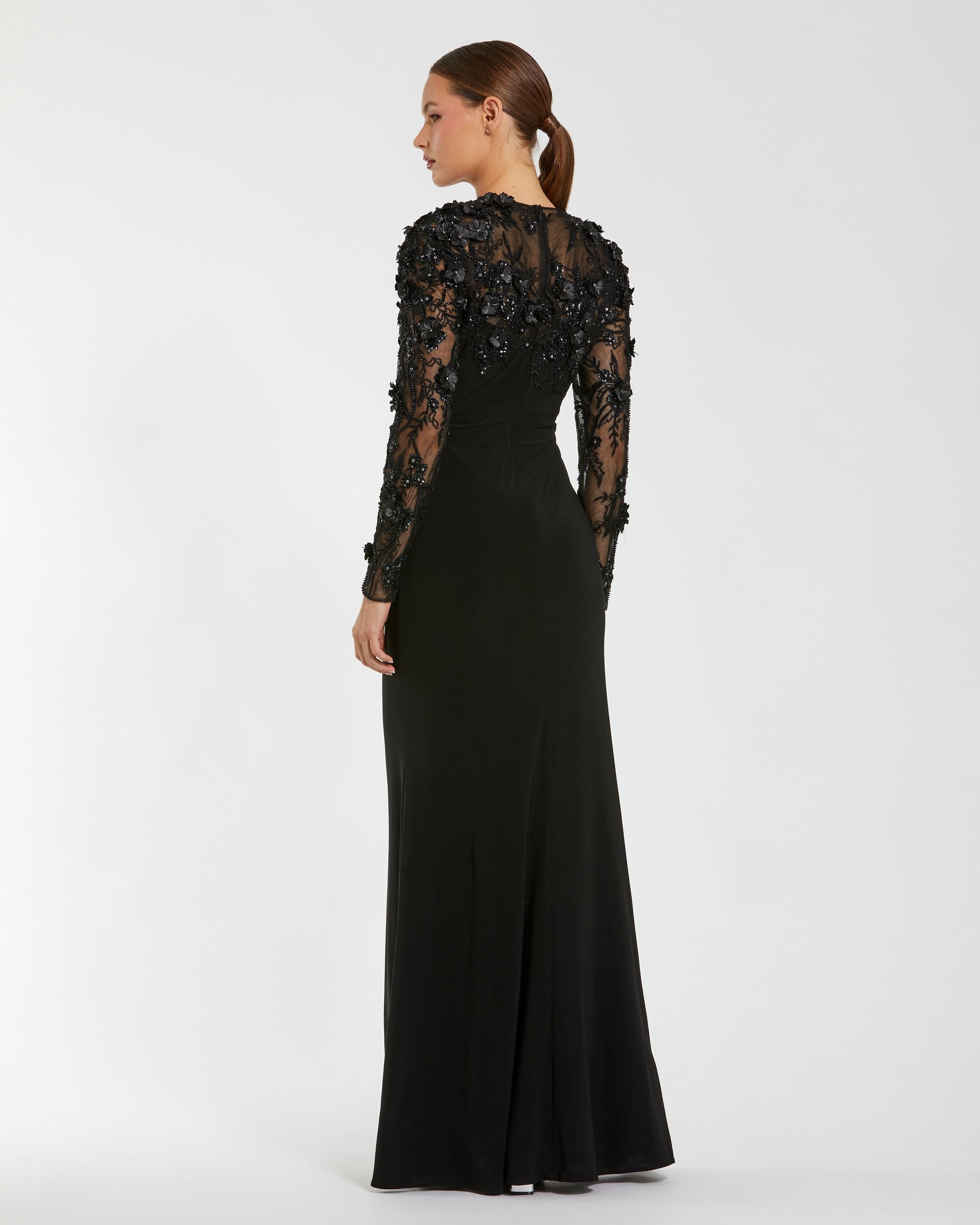 Petite Black Long Sleeve Floral Embellished Column Gown Mac Duggal