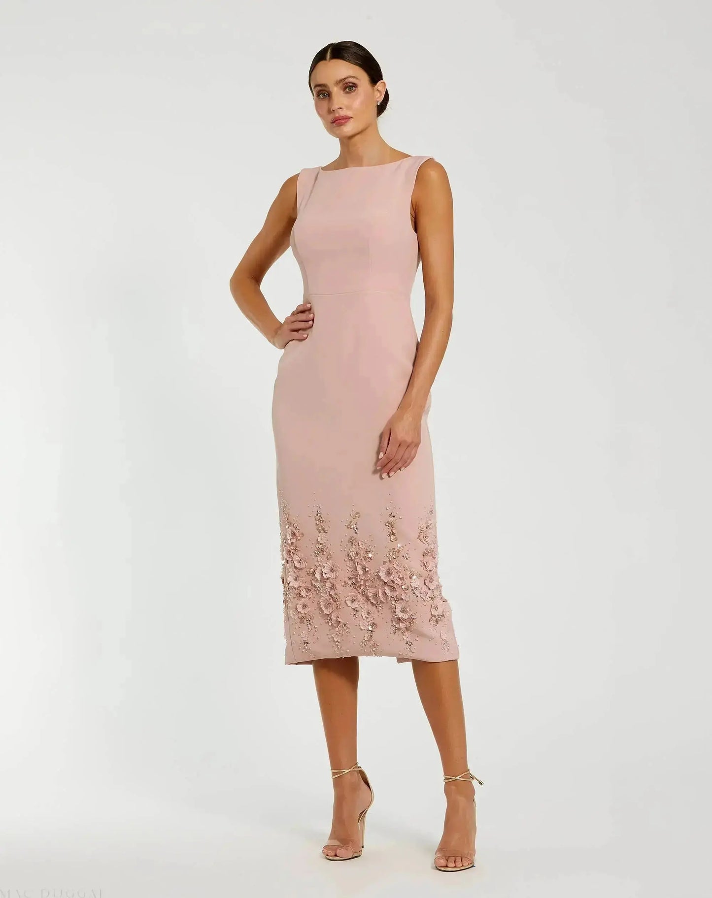 Petite Pink Crepe Sleeveless Midi Dress With Flower Beading | Mac Duggal Petite Pink Crepe Sleeveless Midi Dress With Flower Beading | Mac Duggal