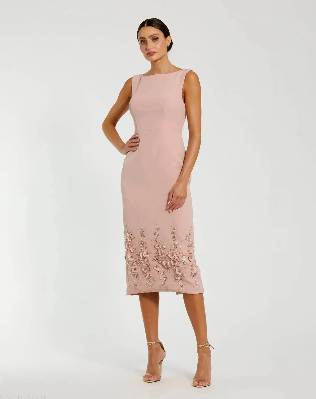 Pink Petite Crepe Sleeveless Midi Dress With Flower Beading Mac Duggal
