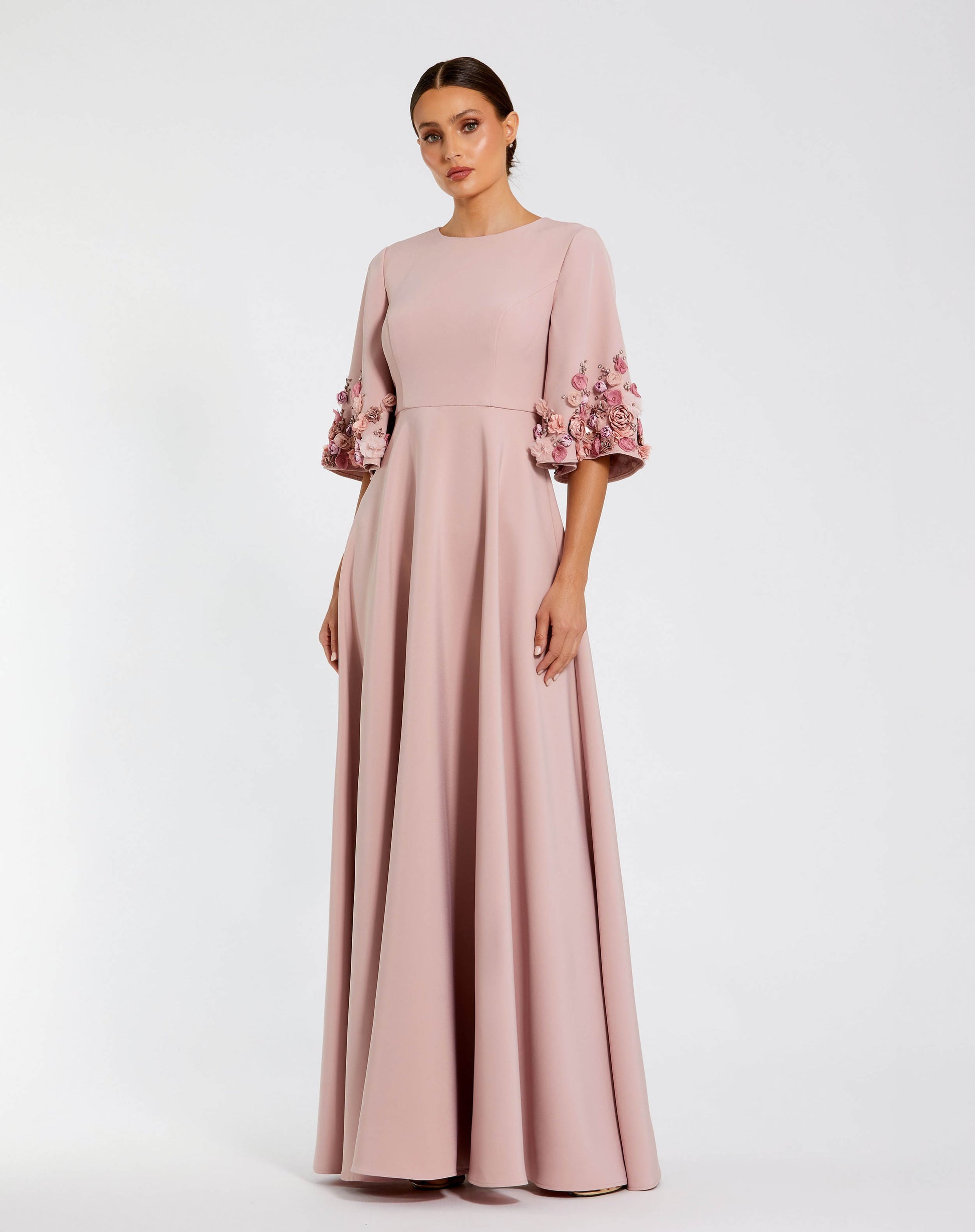Petite Pink Crepe 3/4 Sleeve A-line Gown With Flower Trim Mac Duggal