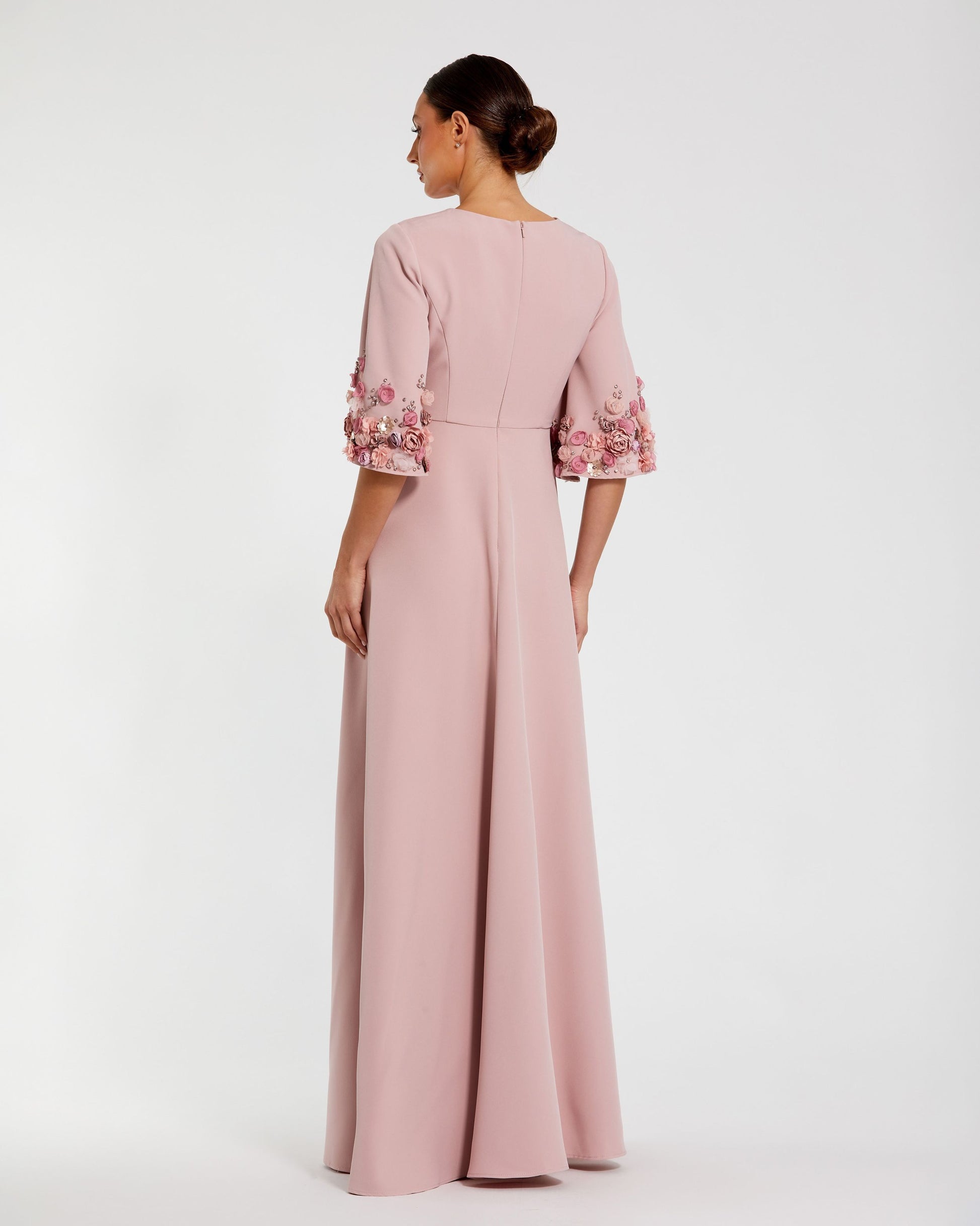 Petite Pink Crepe 3/4 Sleeve A-line Gown With Flower Trim