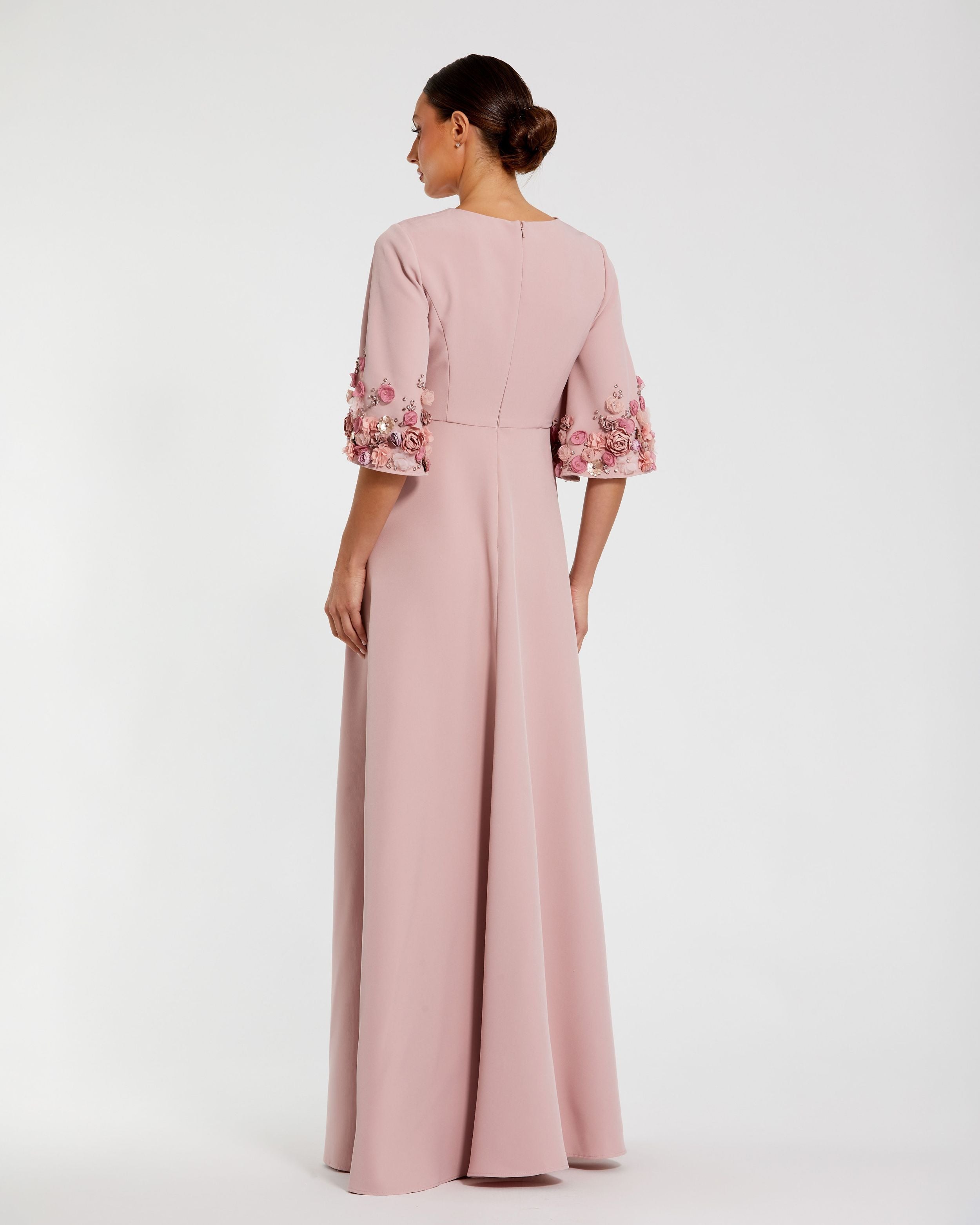 Petite Pink Crepe 3/4 Sleeve A-line Gown With Flower Trim Mac Duggal