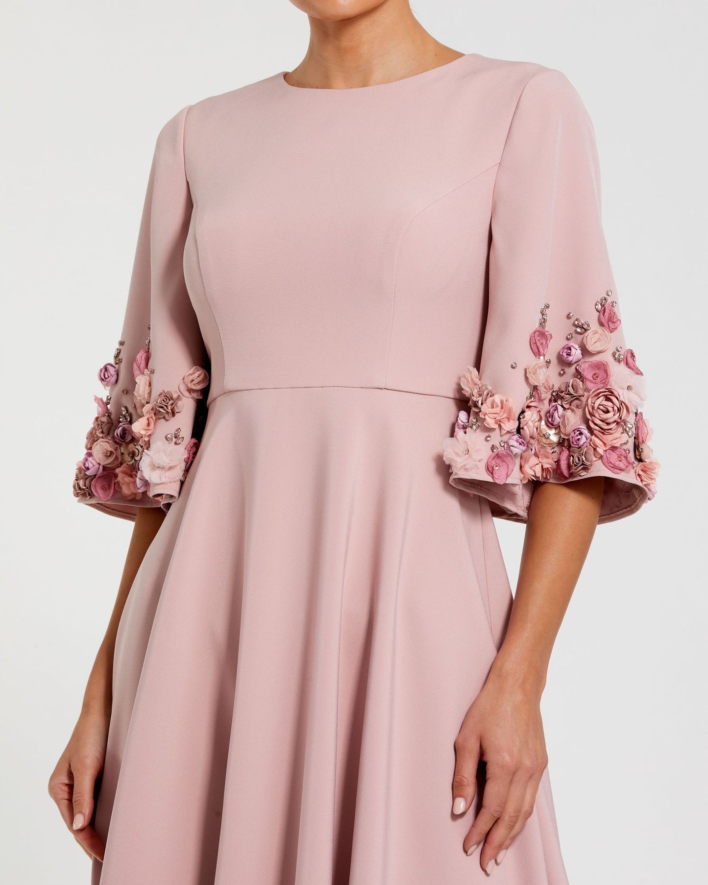 Petite Pink Crepe 3/4 Sleeve A-line Gown With Flower Trim Mac Duggal