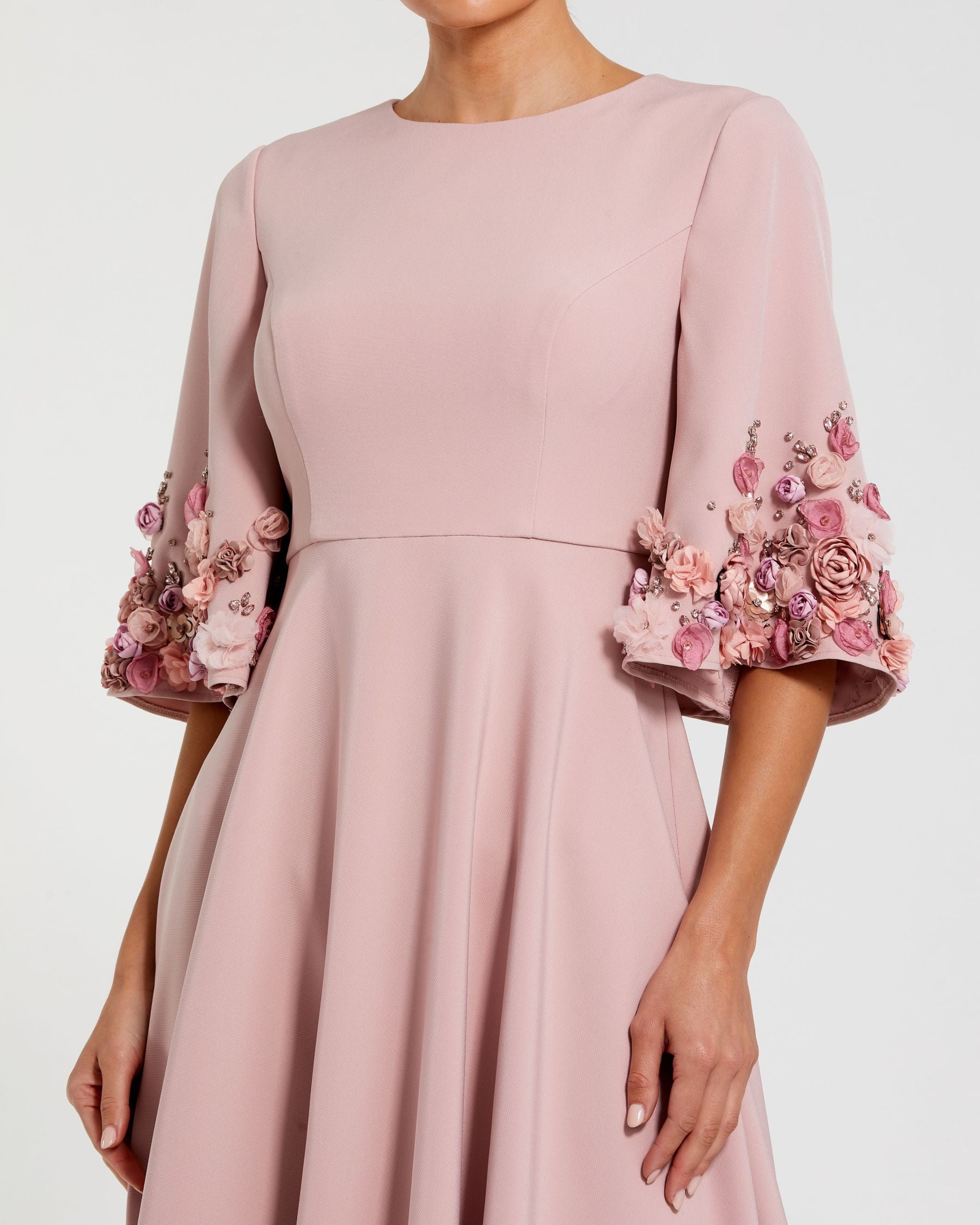 Petite Pink Crepe 3/4 Sleeve A-line Gown With Flower Trim Mac Duggal