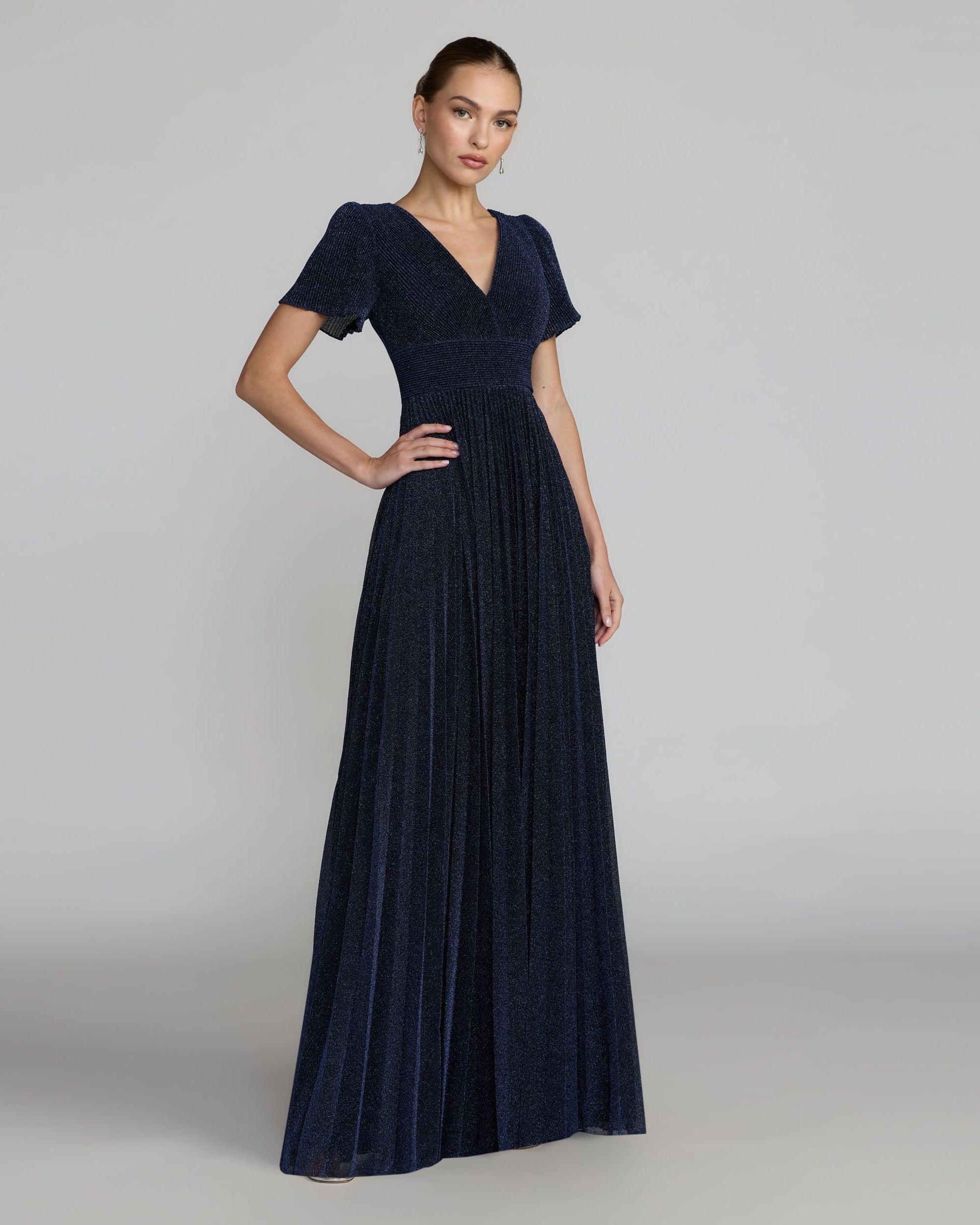 Petite Navy Pleated Metallic Flutter Sleeve A Line Gown