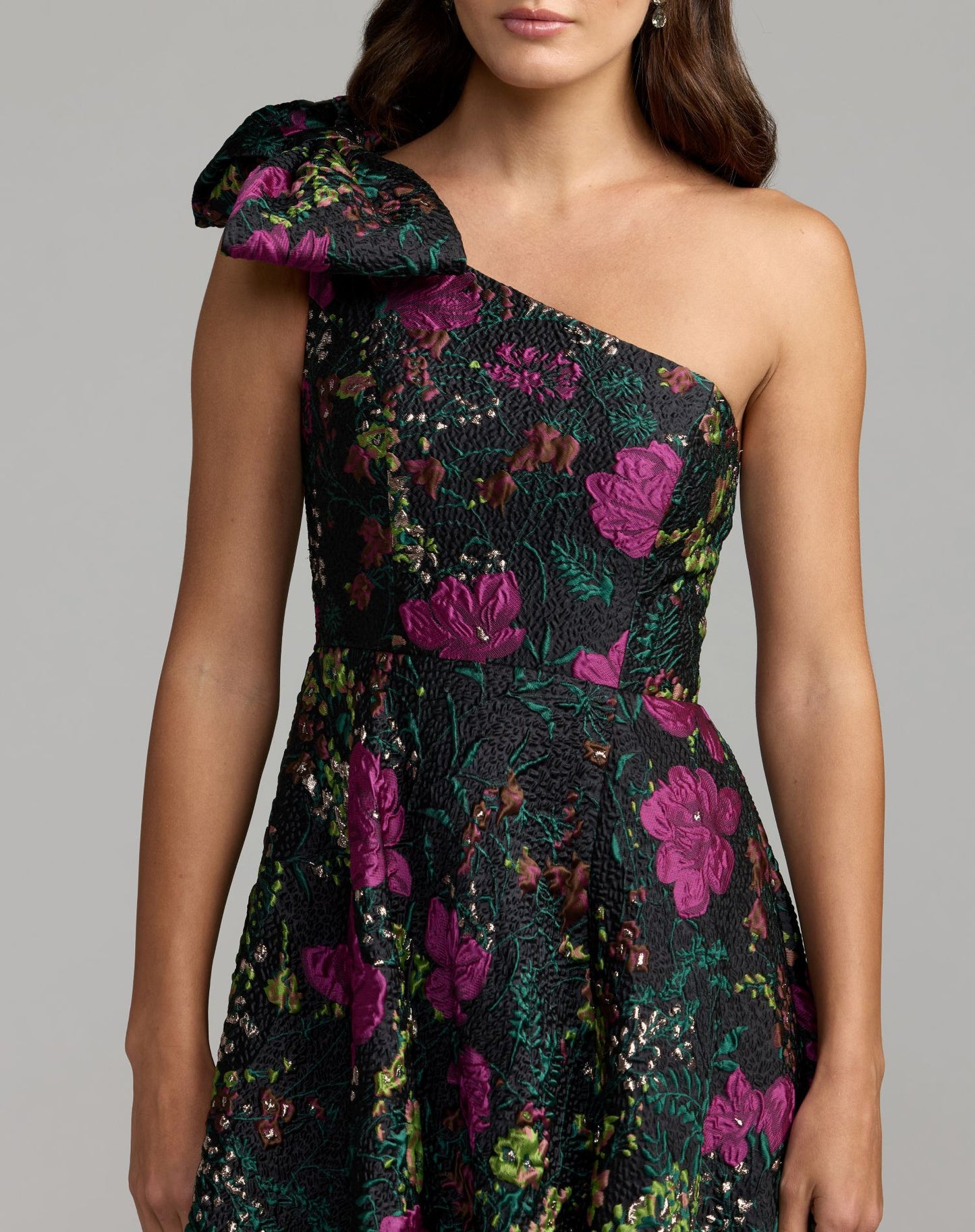 Petite Black One Shoulder Brocade Floral Gown With Bow - Mac Duggal
