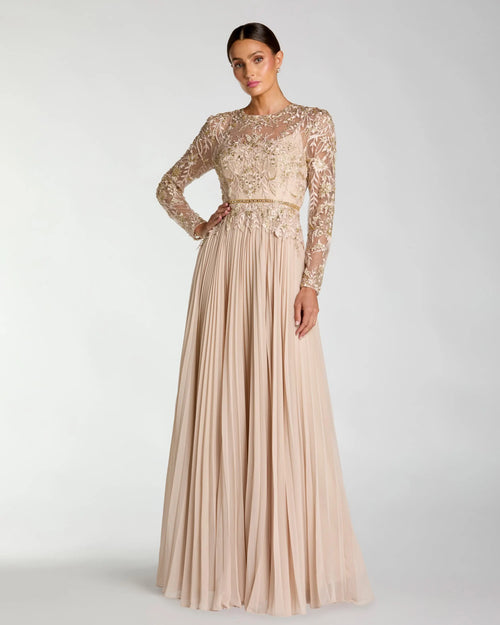 Beige Petite Long Sleeve Chiffon Embellished Gown Mac Duggal