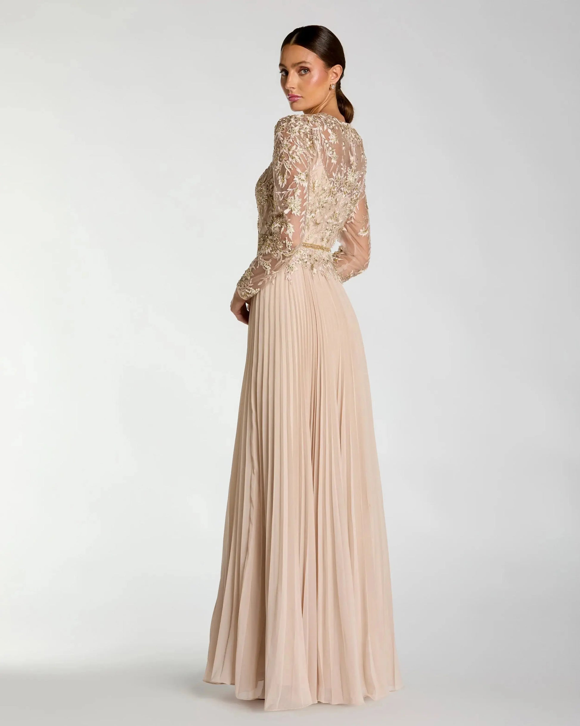 Petite Beige Long Sleeve Chiffon Embellished Gown | Mac Duggal Petite Beige Long Sleeve Chiffon Embellished Gown | Mac Duggal