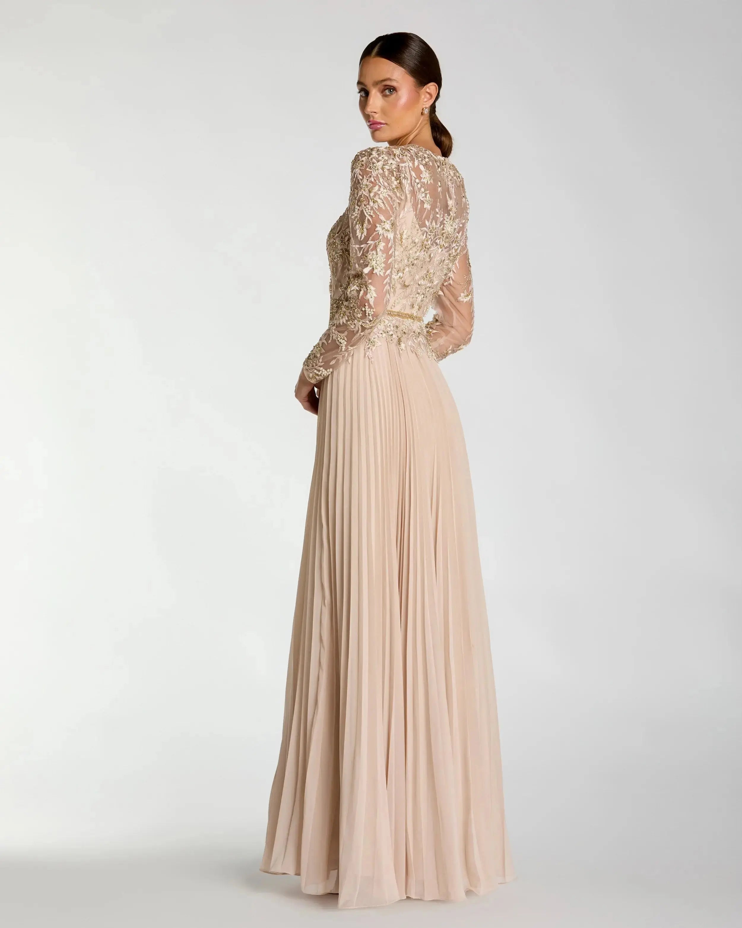 Beige Petite Long Sleeve Chiffon Embellished Gown Mac Duggal
