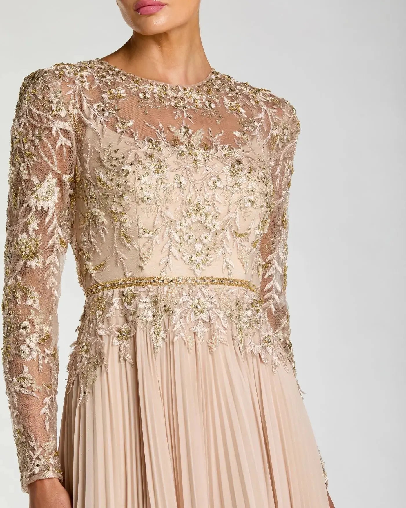 Petite Beige Long Sleeve Chiffon Embellished Gown
