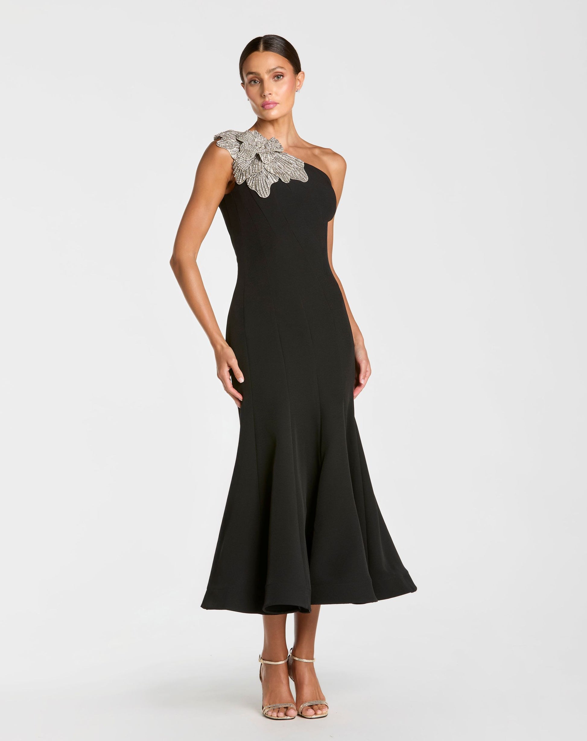 Crepe One Shoulder Midi Dress with Flower | Mac Duggal Crepe One Shoulder Midi Dress with Flower | Mac Duggal