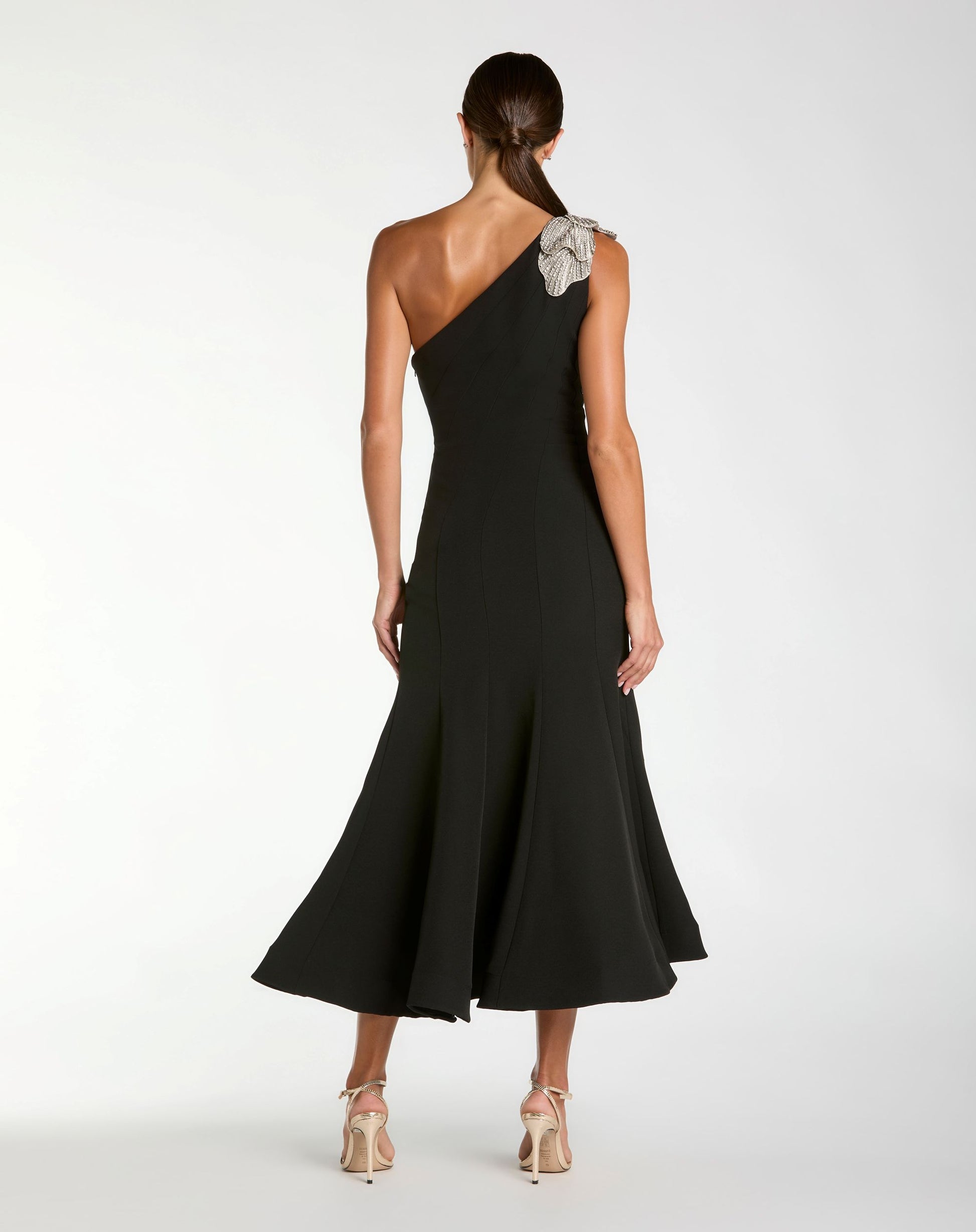 Black Petite Crepe One Shoulder Mermaid Midi Dress With Flower Mac Duggal