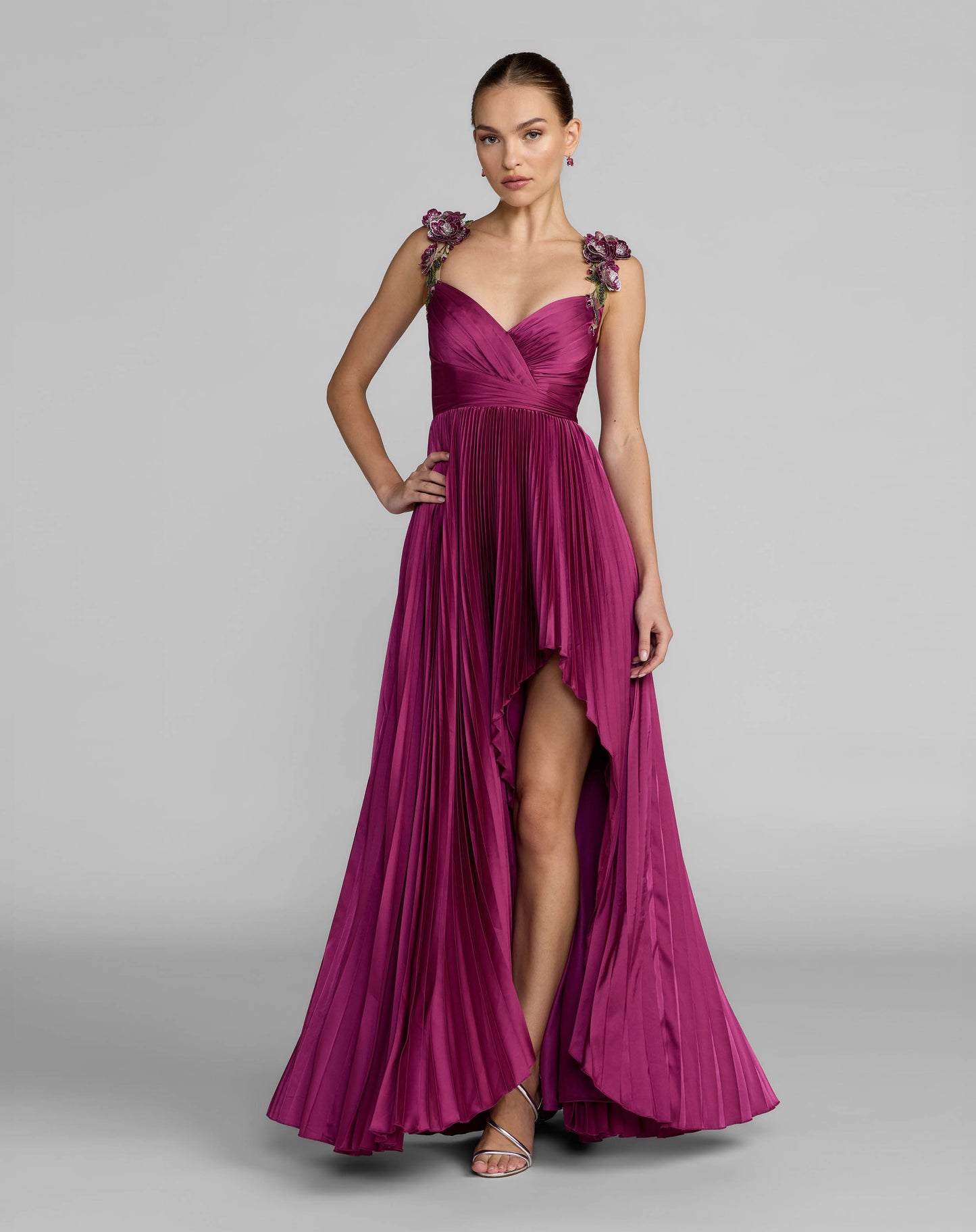 Purple Pleated High Low Gown With 3D Floral Straps Ieena for Mac Duggal