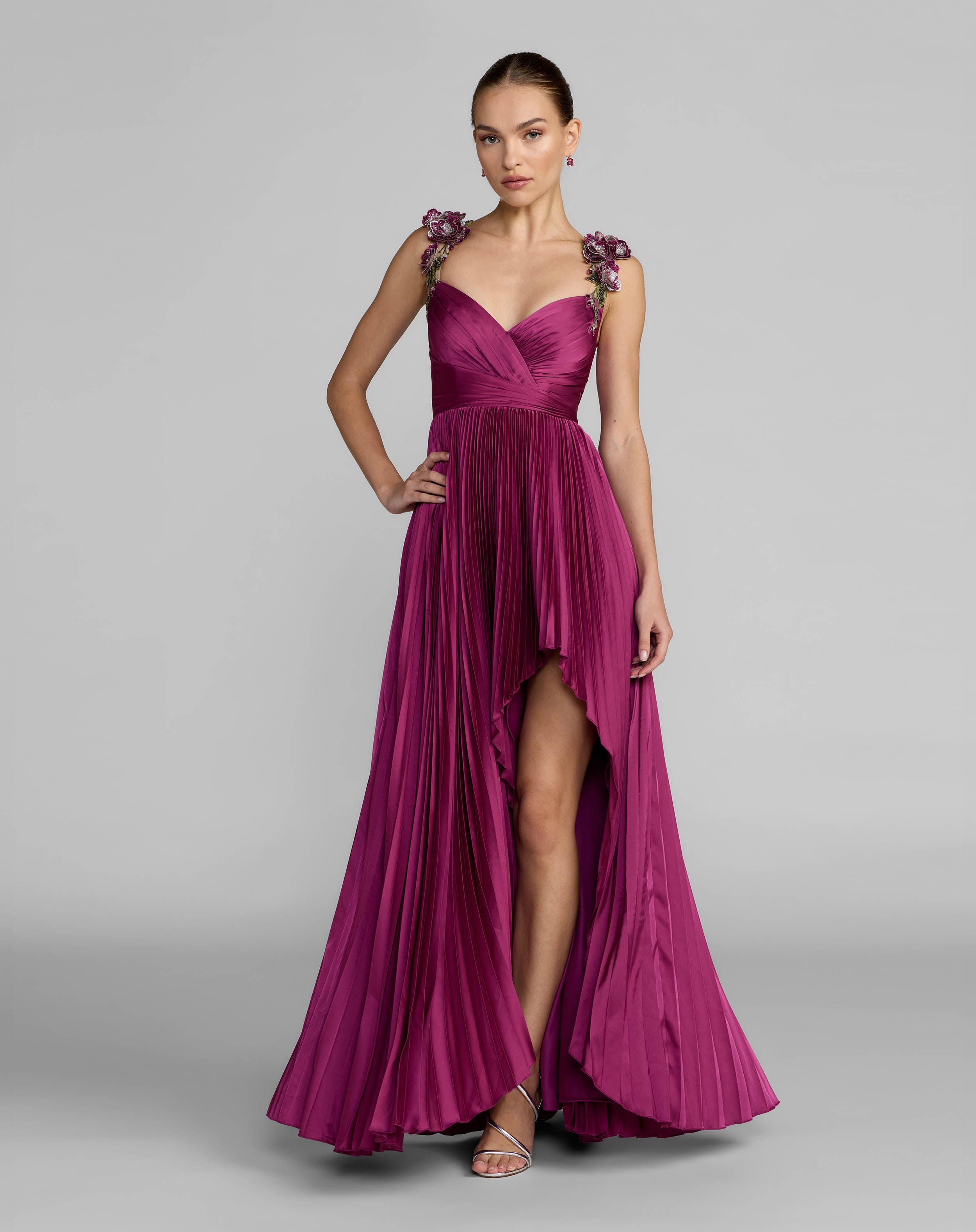Purple Pleated High Low Gown With 3D Floral Straps Ieena for Mac Duggal