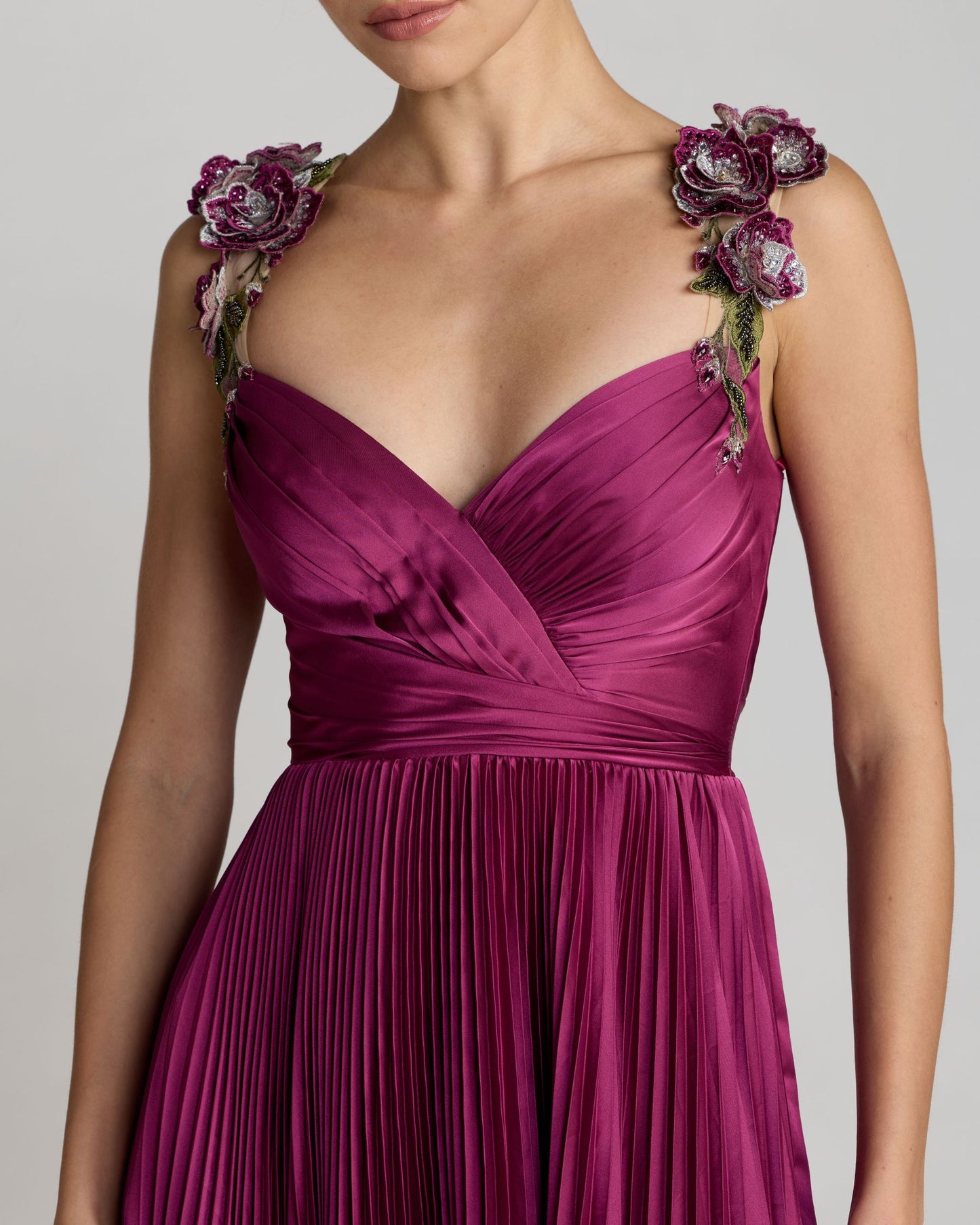 Purple Pleated High Low Gown With 3D Floral Straps Ieena for Mac Duggal