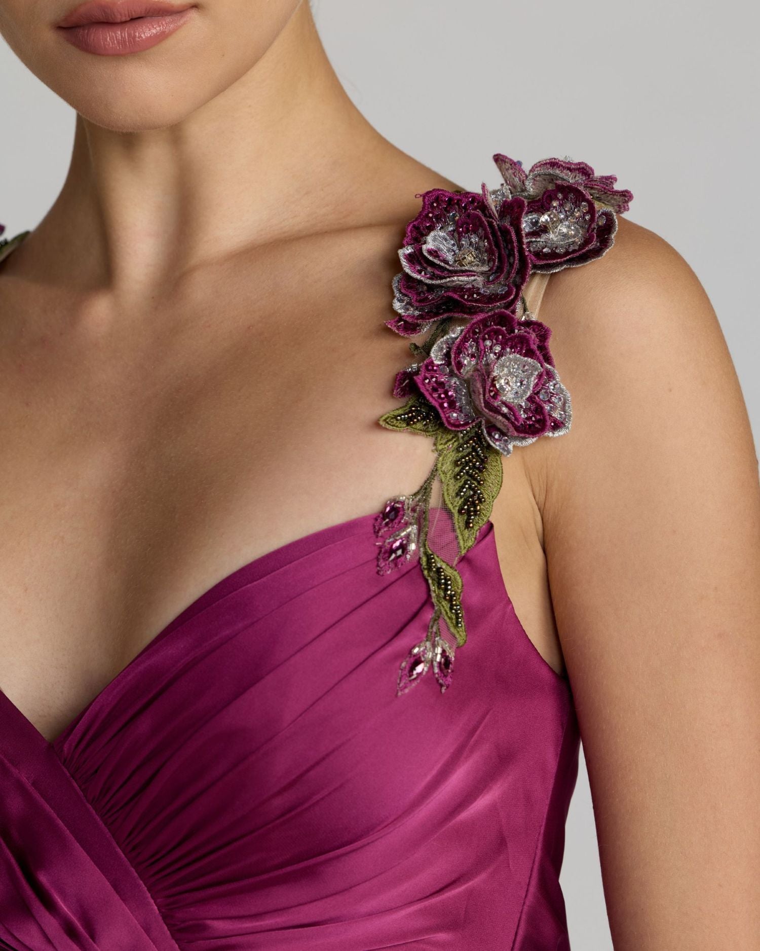 Purple Pleated High Low Gown With 3D Floral Straps | Mac Duggal Purple Pleated High Low Gown With 3D Floral Straps | Mac Duggal