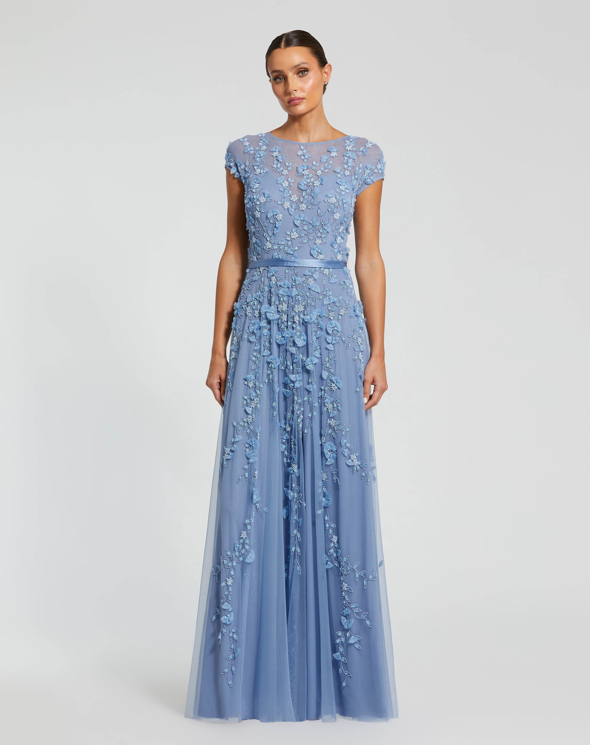 Petite Blue Floral Embellished Cap Sleeve Gown - Mac Duggal