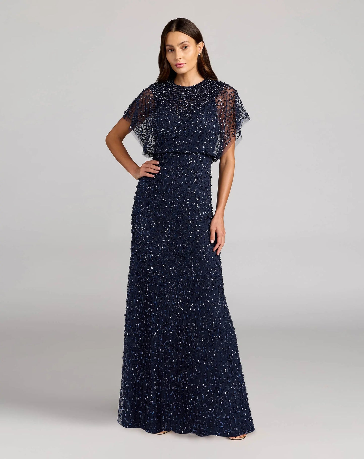 Petite Navy High Neck Short Sleeve Embellished Gown - Mac Duggal