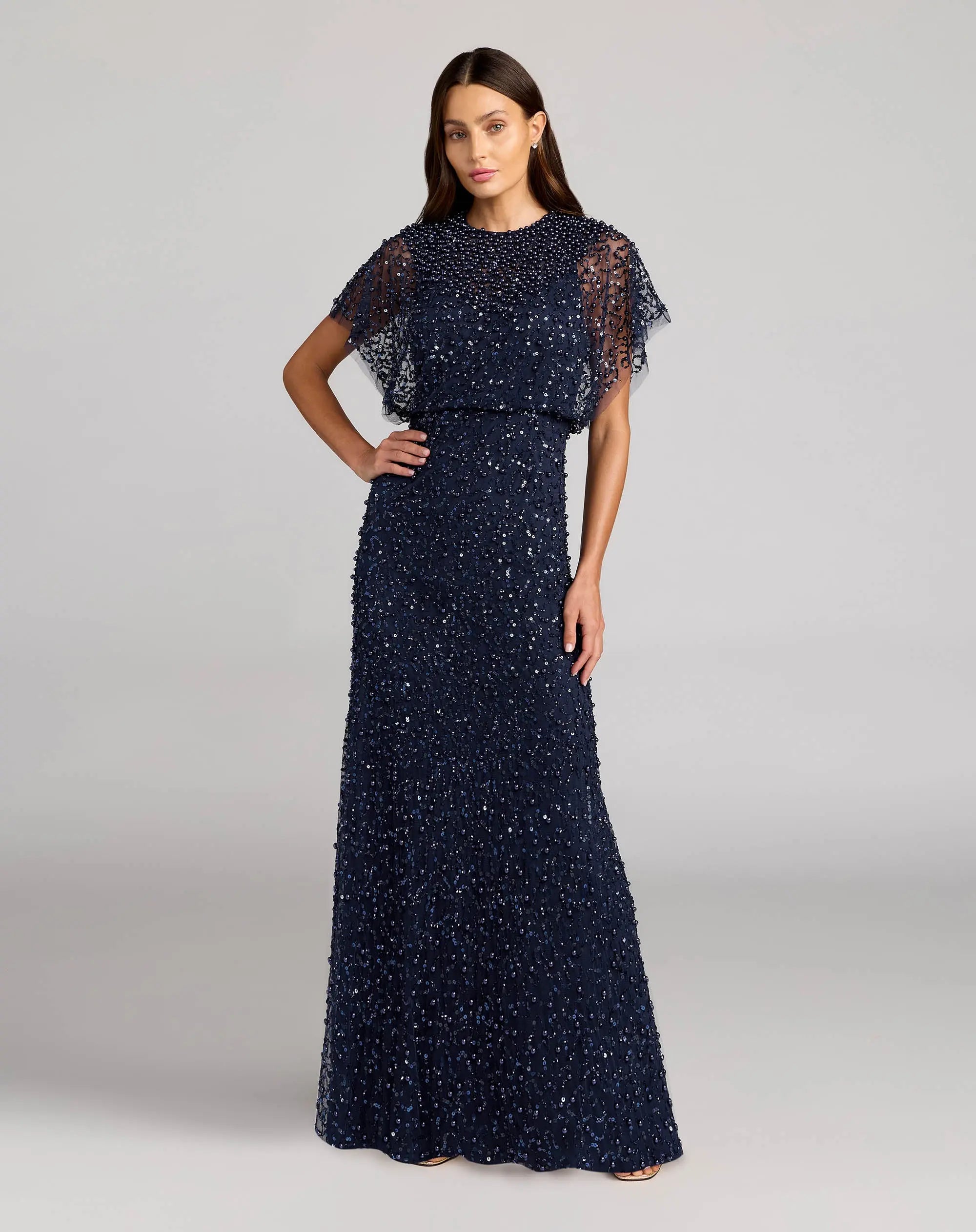 Petite Navy High Neck Short Sleeve Embellished Gown - Mac Duggal
