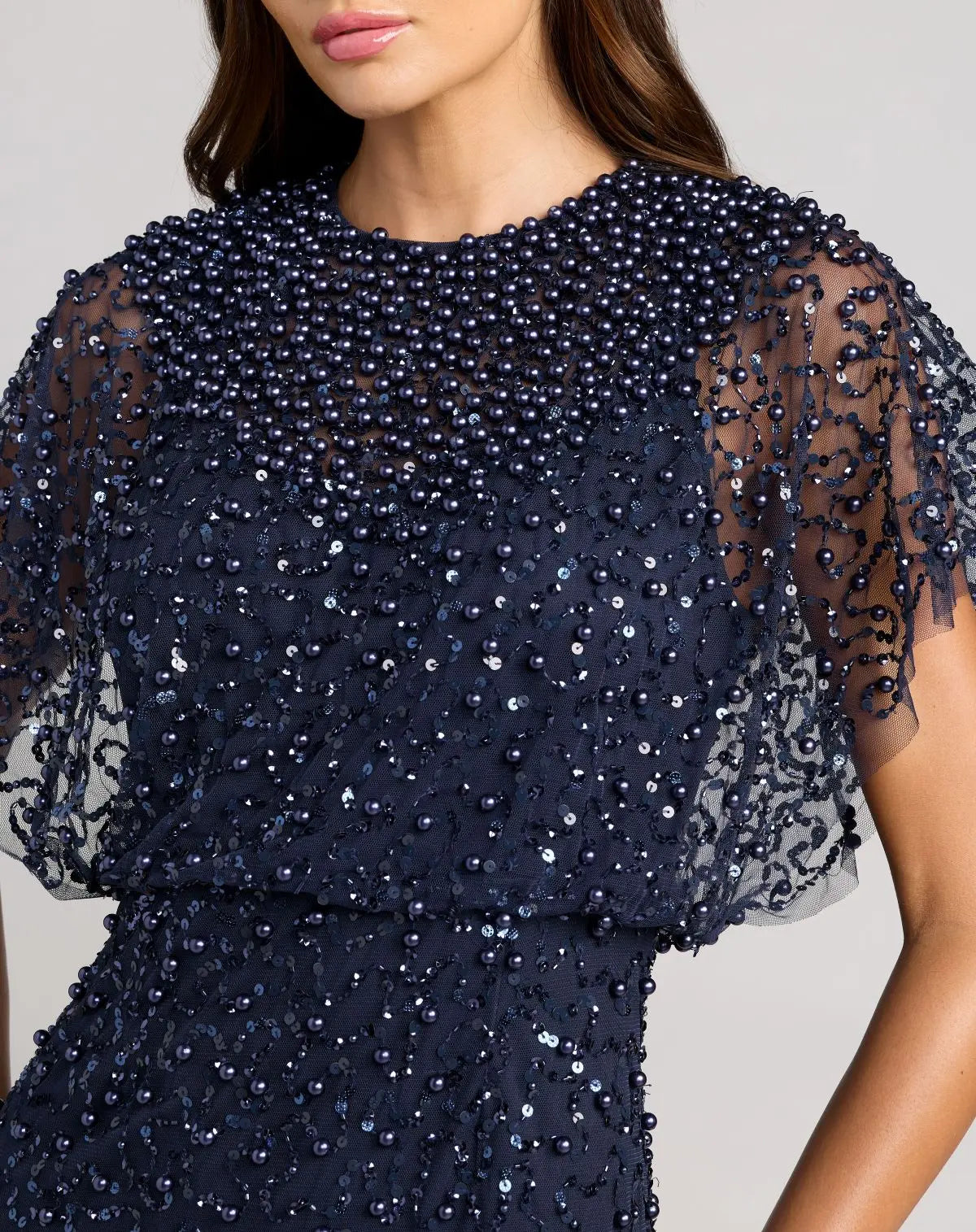 Petite Navy High Neck Short Sleeve Embellished Gown - Mac Duggal
