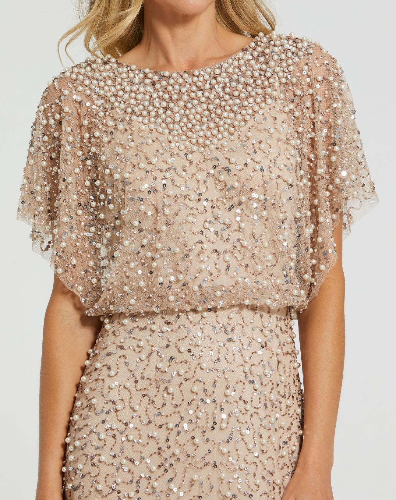 Petite Beige High Neck Short Sleeve Embellished Gown