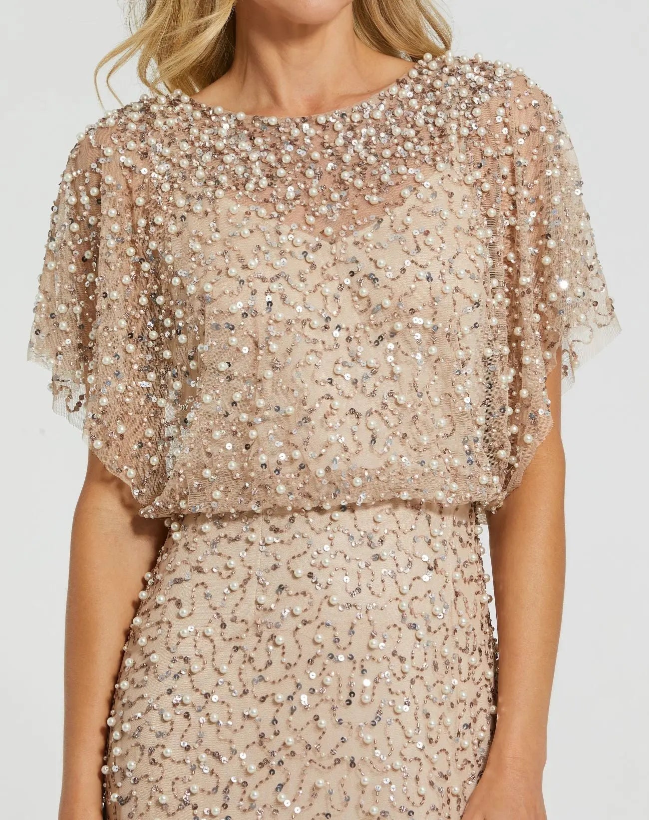 Mac Duggal Women's Petite Beaded Sweetheart Cap Sleeve Tiered Gown - Nude Mac Duggal Women's Petite Beaded Sweetheart Cap Sleeve Tiered Gown - Nude