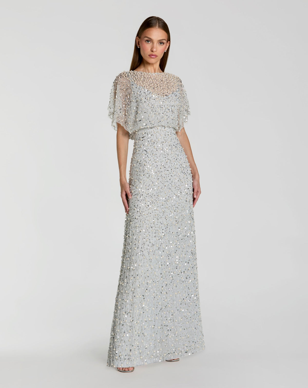 Petite Powder Blue High Neck Short Sleeve Embellished Gown - Mac Duggal