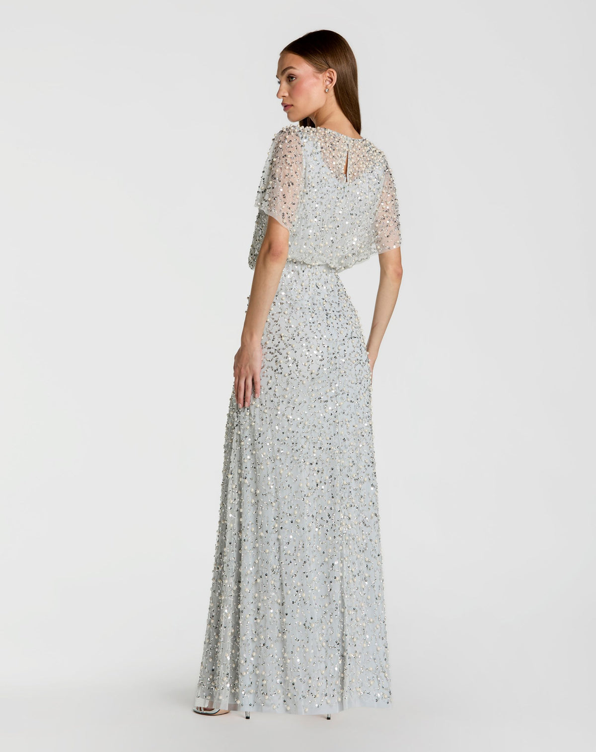 Petite Powder Blue High Neck Short Sleeve Embellished Gown - Mac Duggal