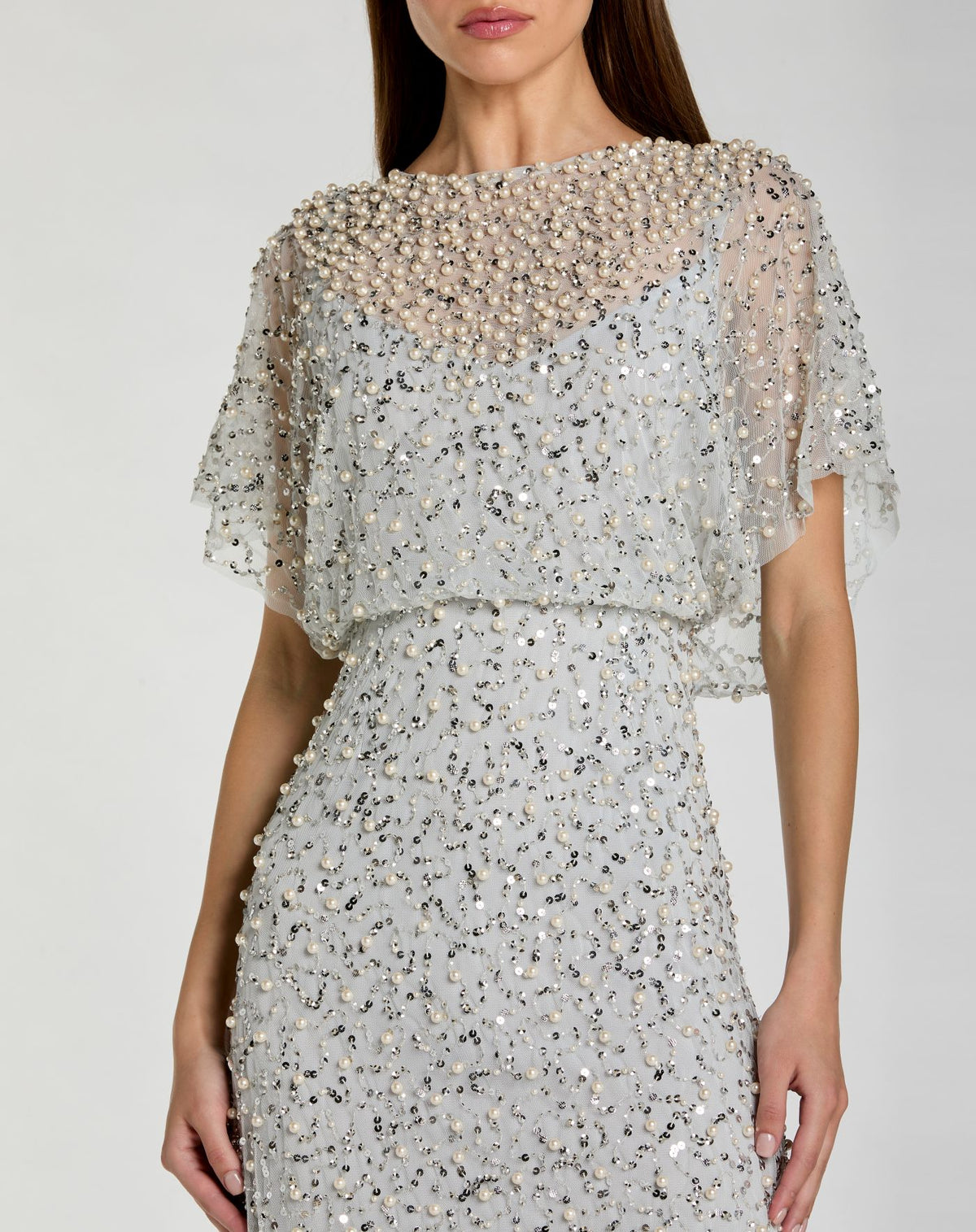 Petite Powder Blue High Neck Short Sleeve Embellished Gown - Mac Duggal