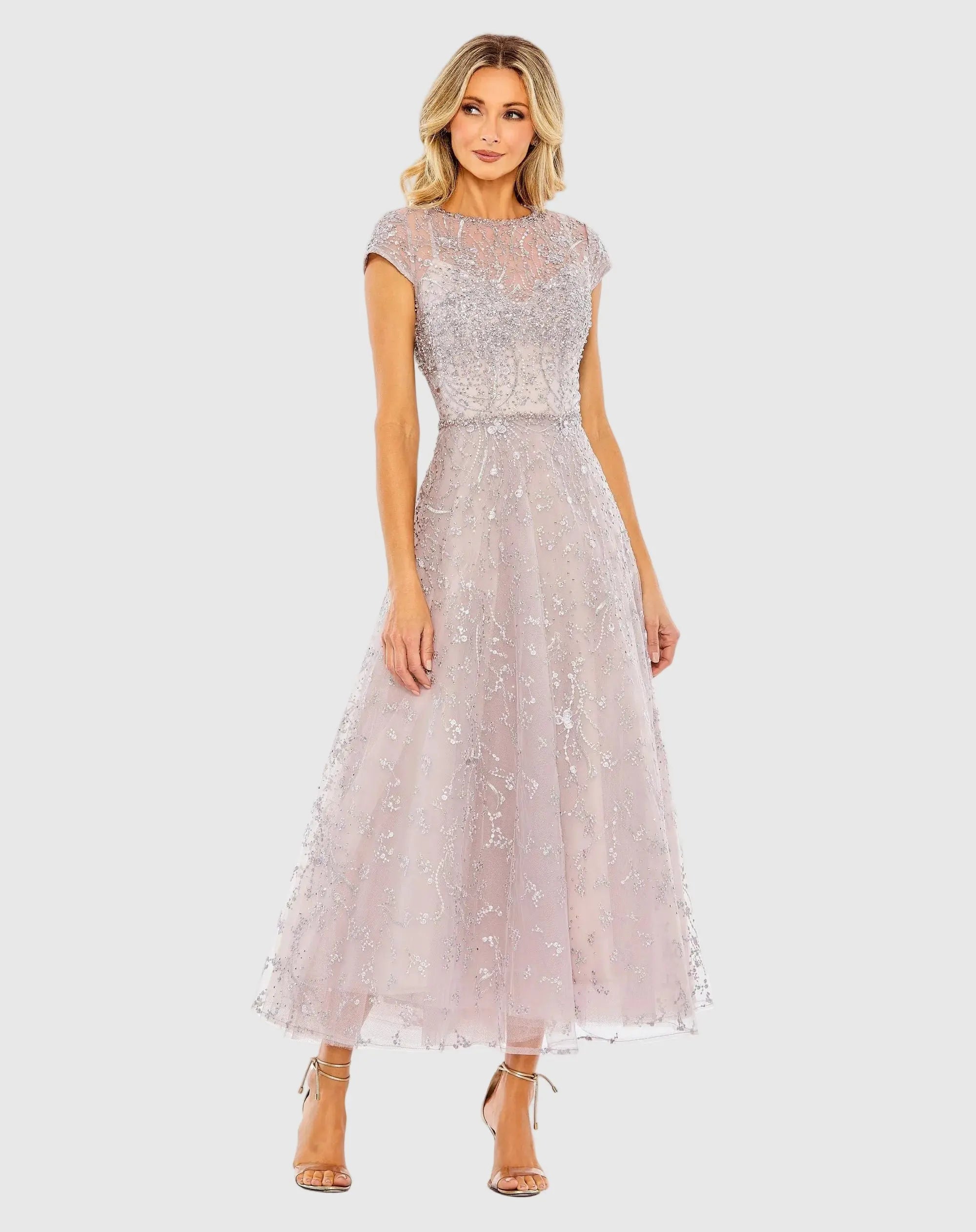 Purple Embellished High Neck Cap Sleeve A Line Dress