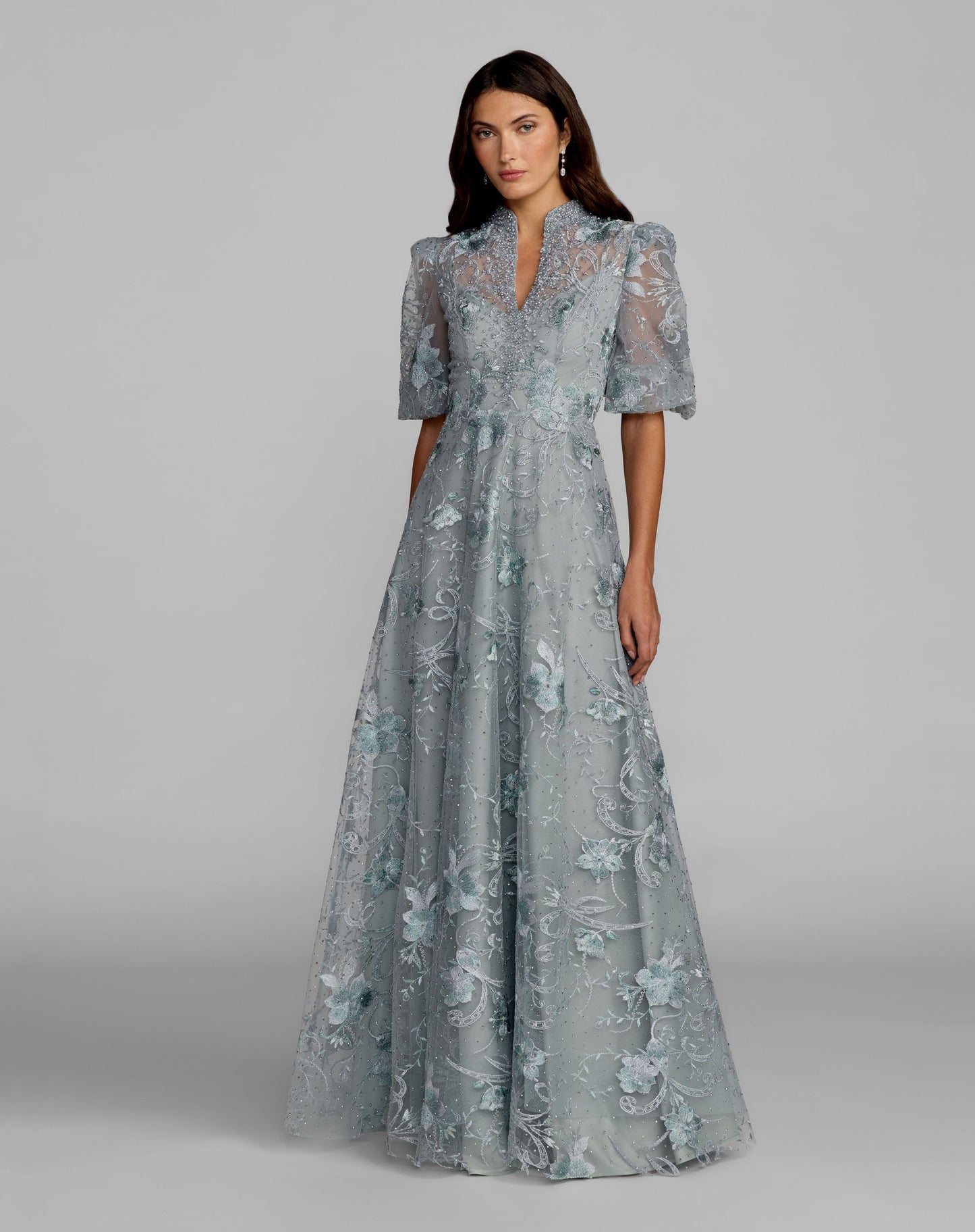 Petite Blue Queen Anne Puff Sleeve A-Line Gown - Mac Duggal
