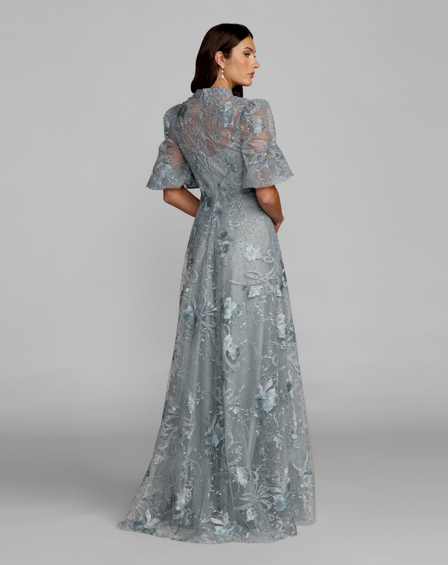 Petite Blue Queen Anne Puff Sleeve A-Line Gown - Mac Duggal