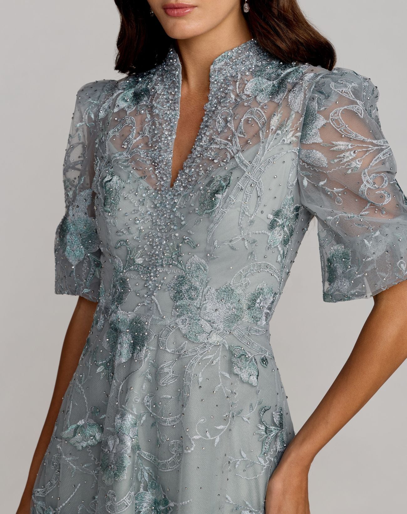 Petite Blue Queen Anne Puff Sleeve A-Line Gown - Mac Duggal