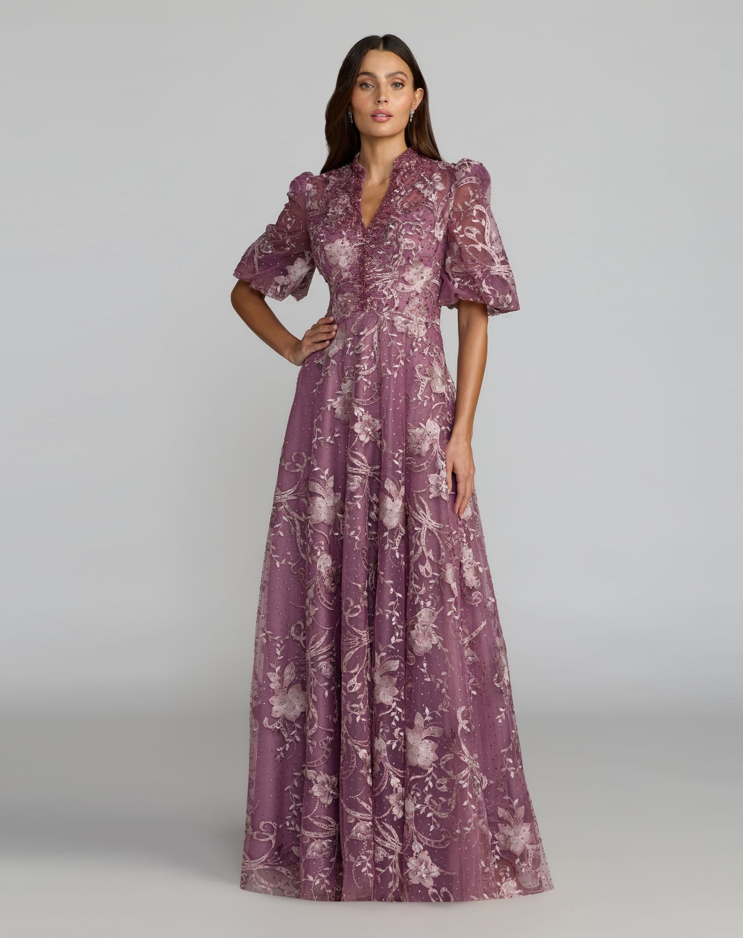 Petite Purple Queen Anne Puff Sleeve Embroidered A-Line Gown - Mac Duggal