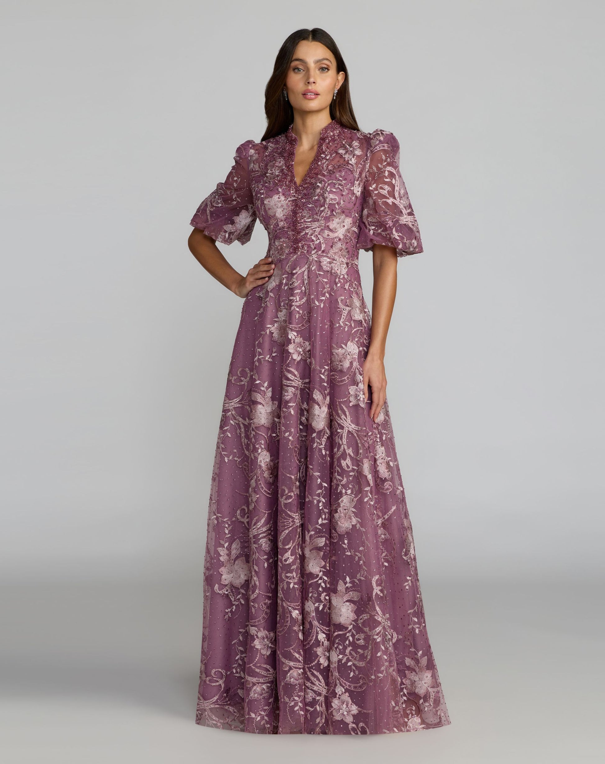 Petite Purple Queen Anne Puff Sleeve Embroidered A-Line Gown - Mac Duggal