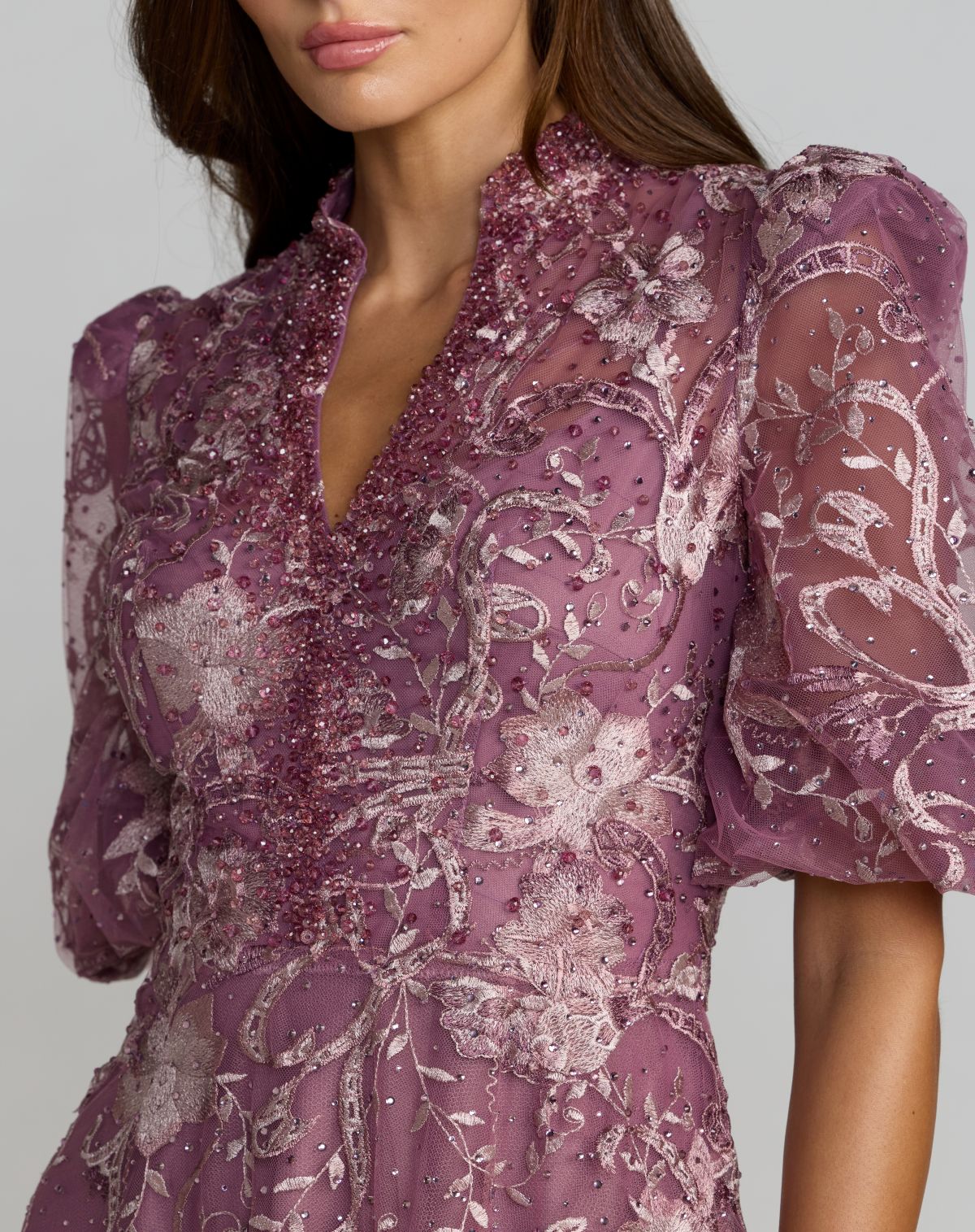 Petite Purple Queen Anne Puff Sleeve Embroidered A-Line Gown - Mac Duggal